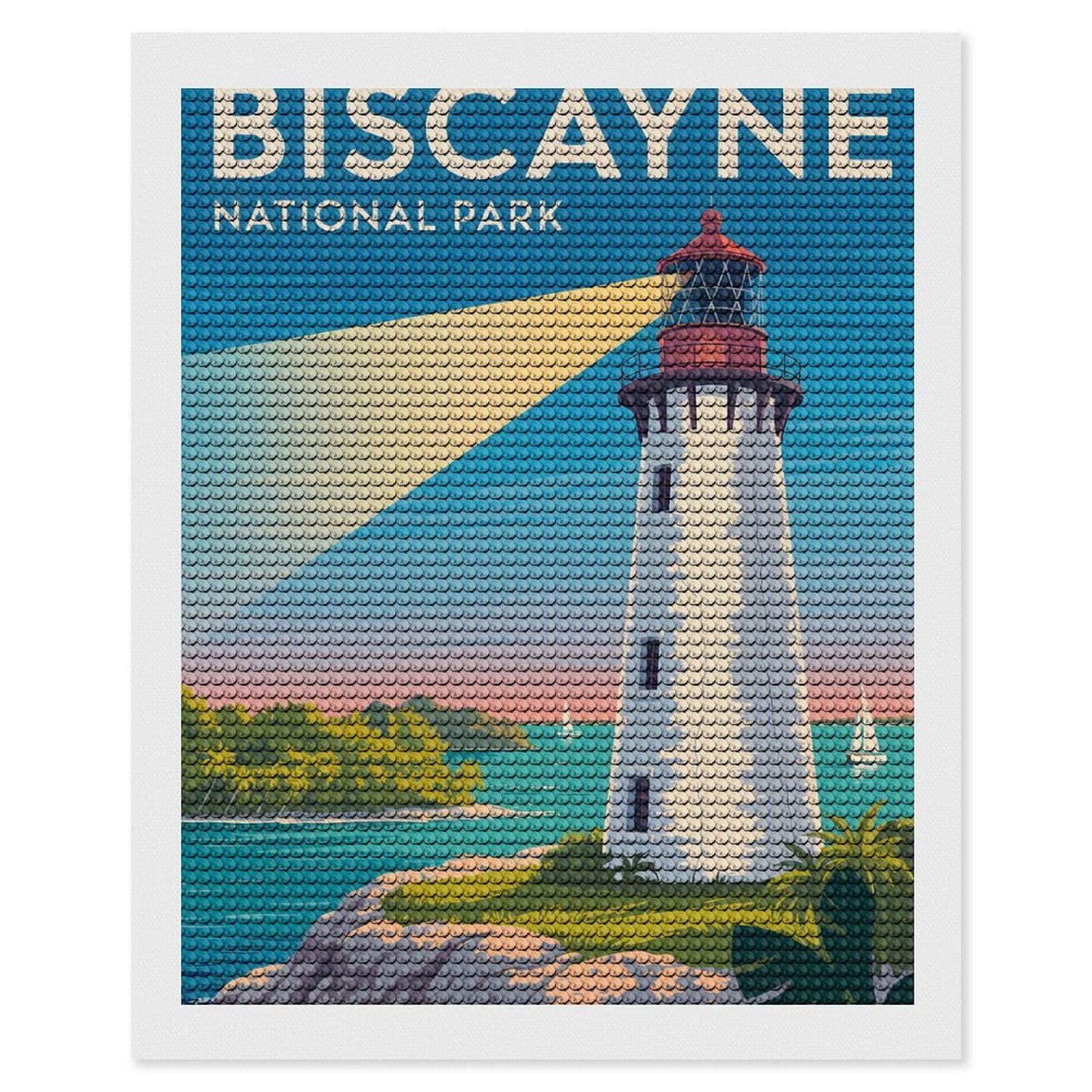 Junmoney Biscayne National Park Lighthouse Illustration Diamond Art Kit 16"x20", Neat Printed Canvas, Finish and Display, Relaxing DIY Hobby, Living Room Decor