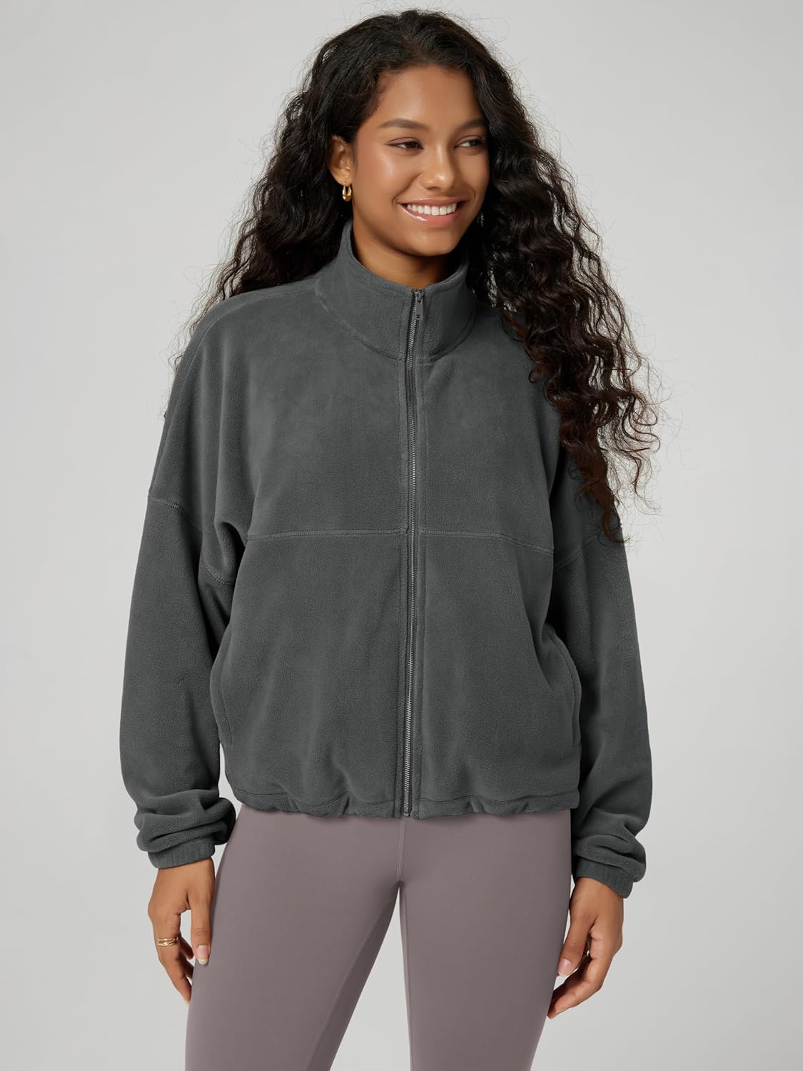 ODODOS Women's Polar Fleece Full-Zip Cinchable Jacket – Soft Warm Winter Layering Long Sleeve Outerwear with Pockets - Image 3