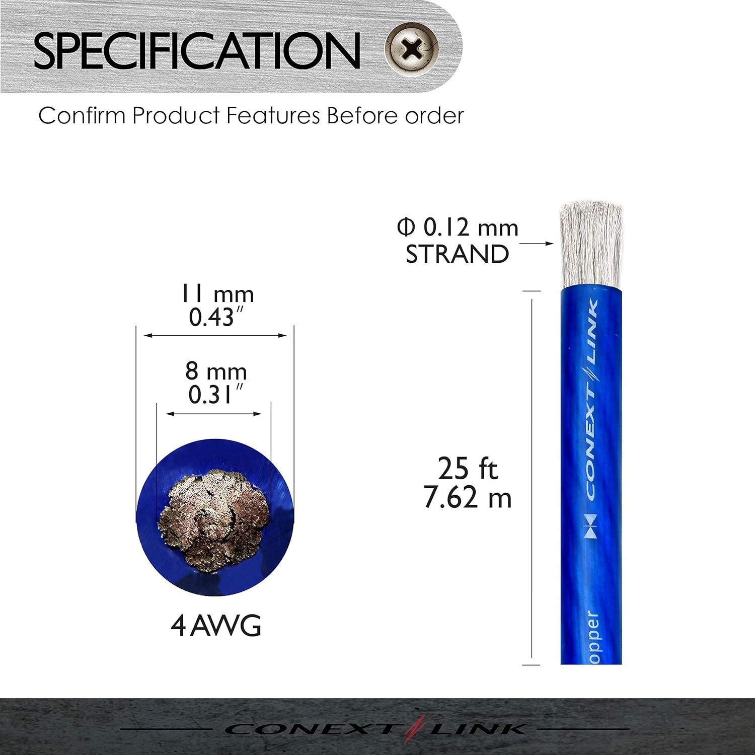 Conext Link 25 FT 4 AWG GA Full Gauge Battery Power Cable Ground Wire Frost Blue OFC Copper