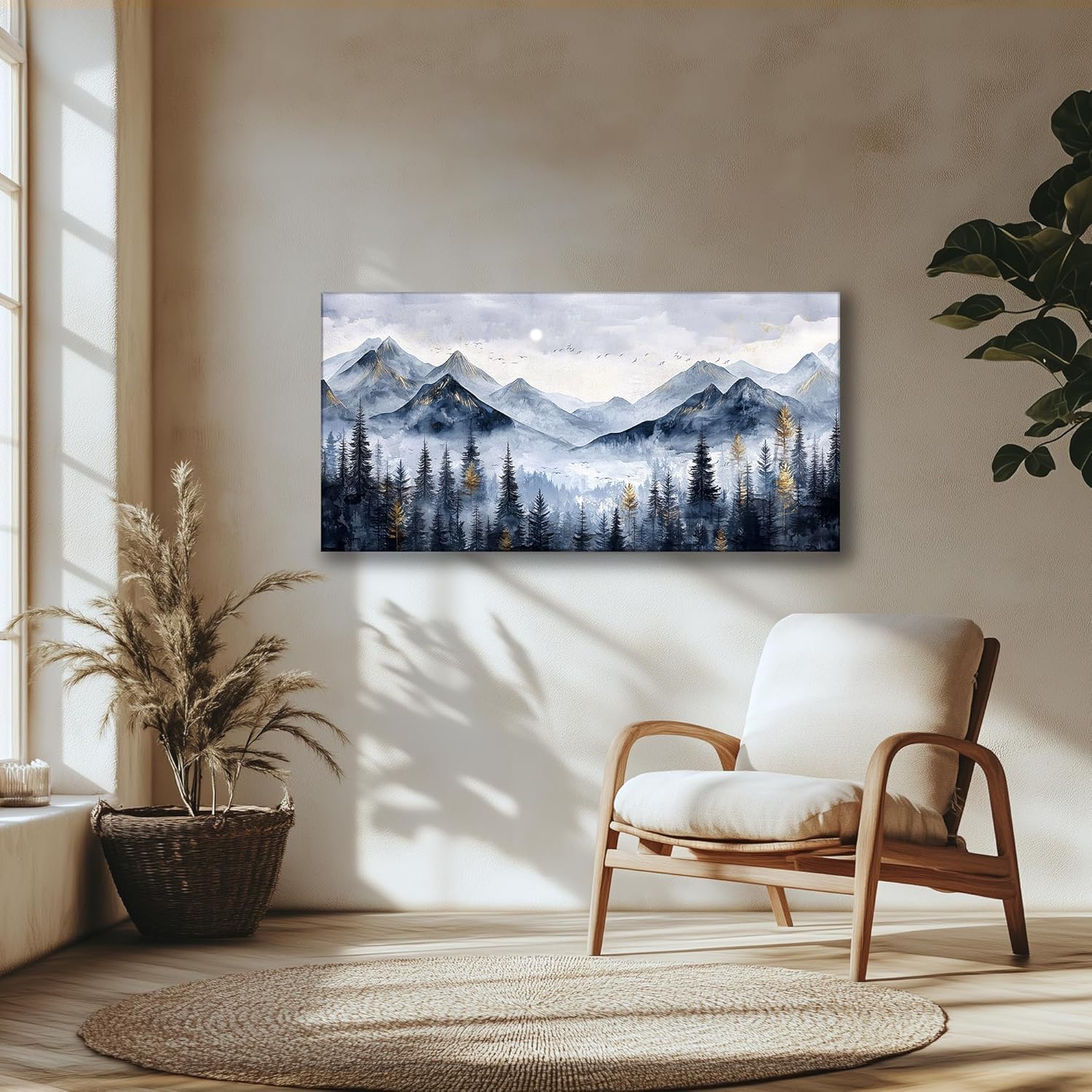 SERIMINO Mountain Landscape Large Wall Art, Misty Forest Canvas Prints, Blue Gold Watercolor Pine Tree Paintings Wall Decor Living Room Bedroom, Natural Scenery Office Decor Pictures 30X60