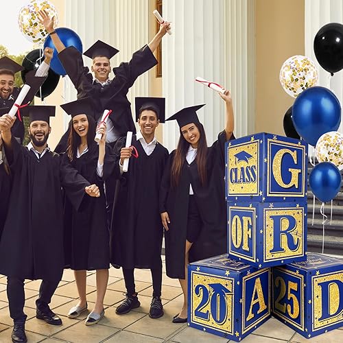 Miniatura 6 de Decoraciones de graduación 2025, decoraciones azules de clase de 2025, cajas de globos azul real y dorado con letras "GRAD" y "CLASS OF 2025", cajas