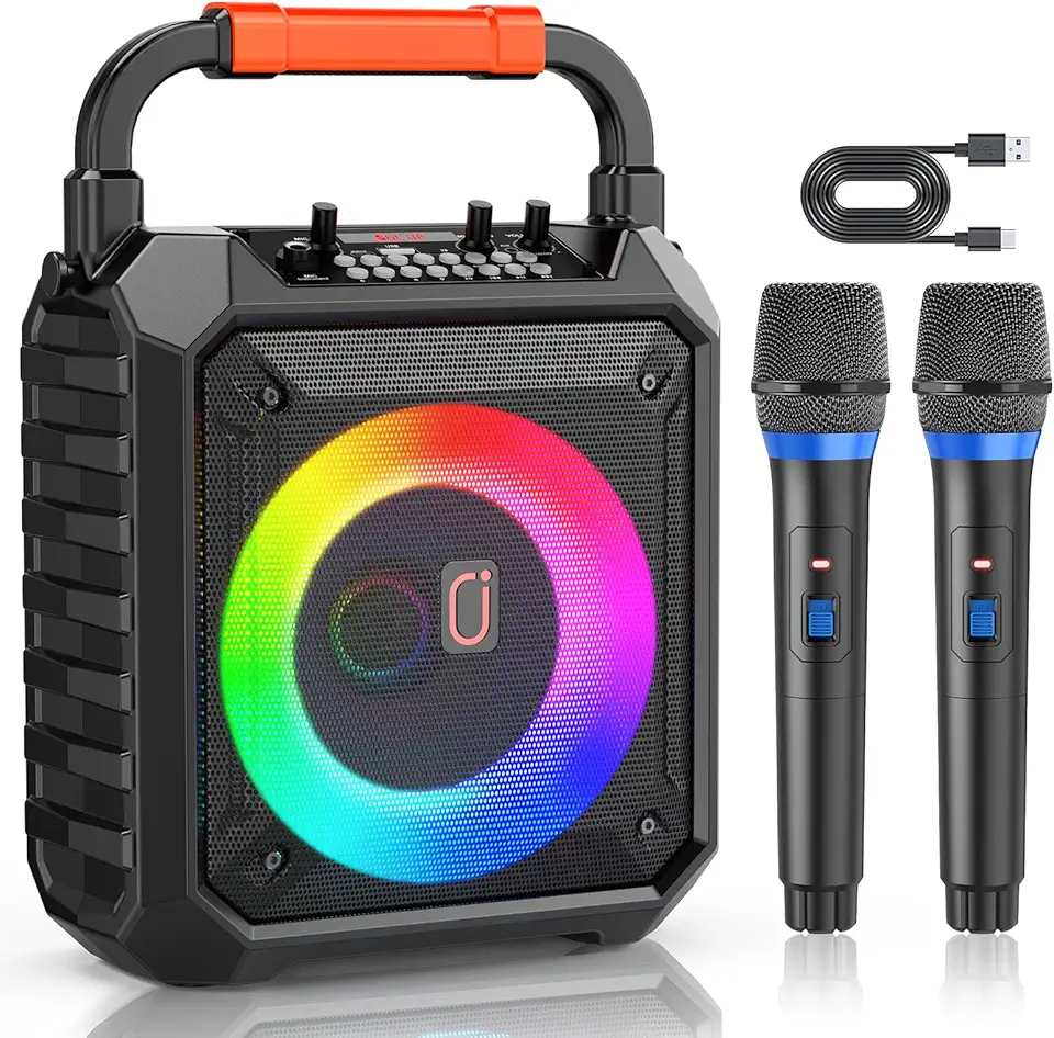 JYX Caixa de Karaokê Bluetooth Portátil com 2 Microfones Sem Fio, Luzes LED para Festa, Ideal para Casa, Reuniões e Entretenimento Familiar, USB/TF/AUX/REC