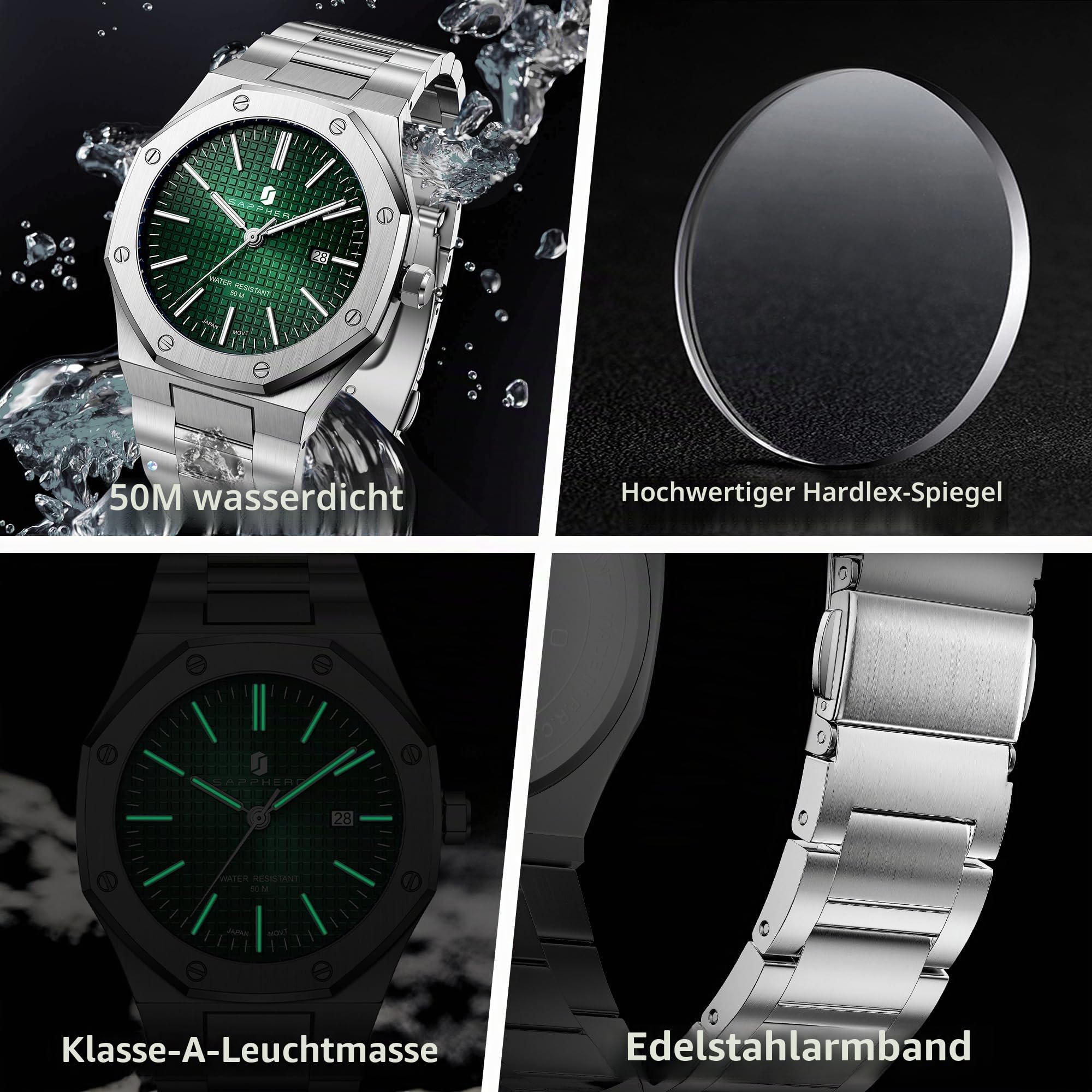 SAPPHERO Uhren Herren Quarzwerk Silber Edelstahl Armband 50M Wasserdicht Datum Kalender Schwarz Blau Herrenuhren Armbanduhr Geschenke für Männer
