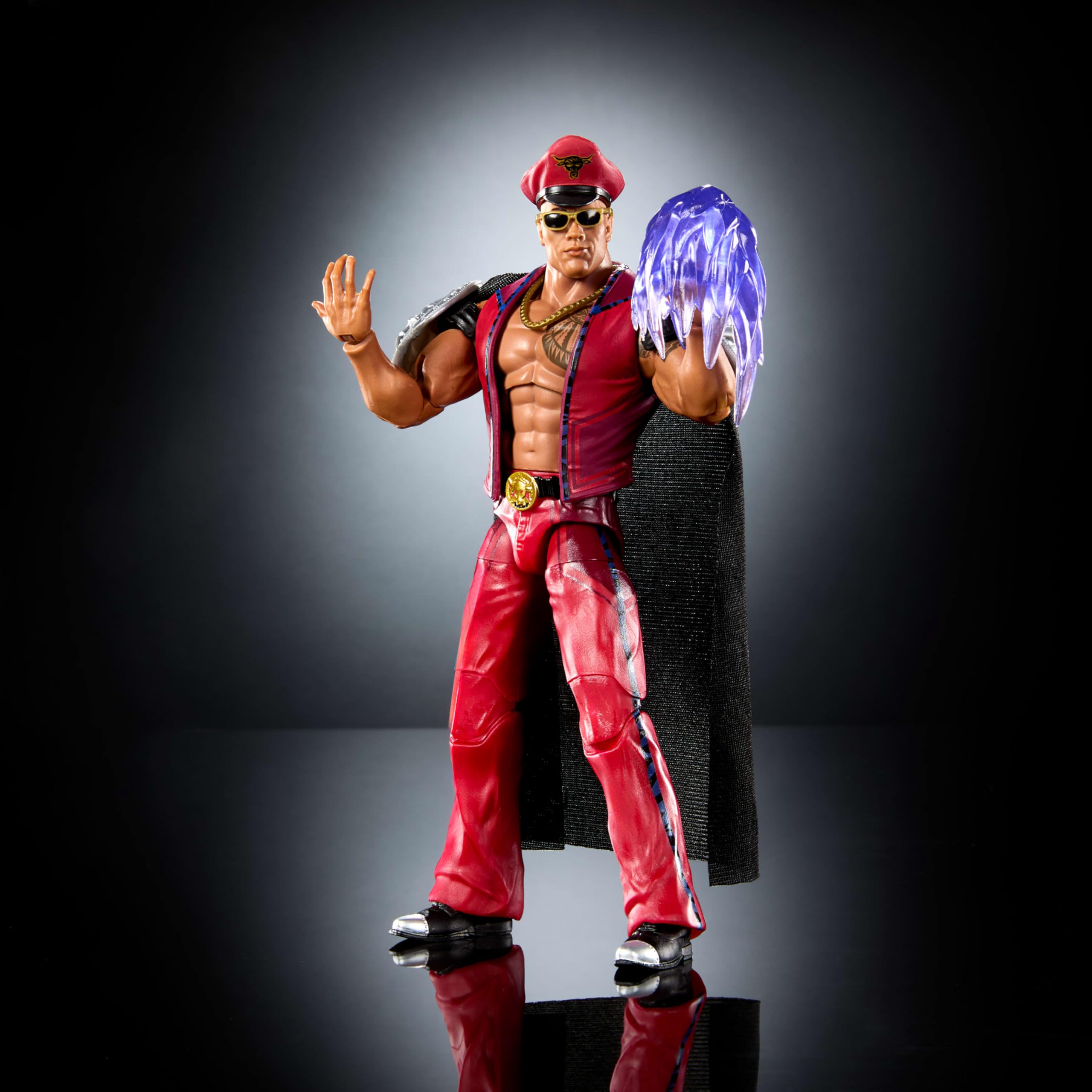 Mattel WWE x Street Fighter figurki akcji i akcesoria, The Rock Final Boss jako M. Bison, zestaw mash-up z elitarną figurką kolekcjonerską o wielkości ok. 15 cm, JLD79