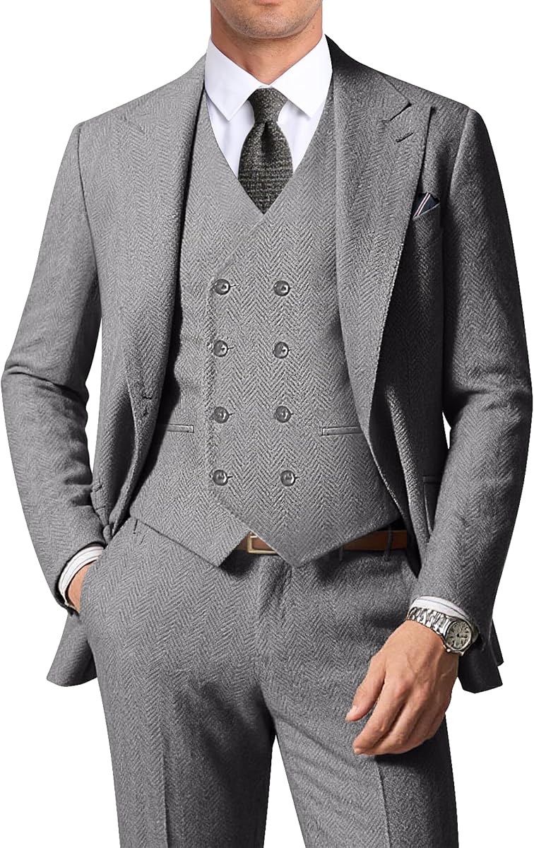 Trajes de hombre Chaqueta cruzada de tweed en espiga de 3 piezas Pantalones chaleco | Conjunto de traje de color sólido para hombres, trajes cálidos y ajustados para hombres para bodas, bailes, fiestas de negocios, padrinos de boda, regreso a casa, Navidad