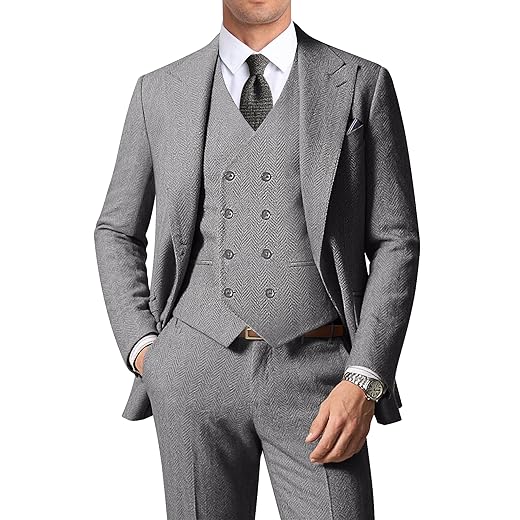 Ternos masculinos de tweed espinha de peixe para homens, retrô, 3 peças, blazer de lapela de pico, conjunto de jaqueta, colete e calça
