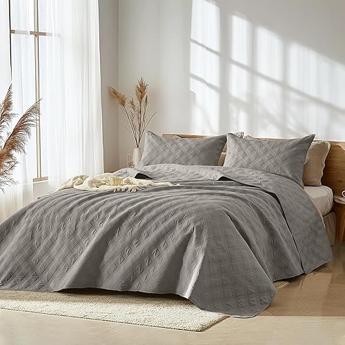 Miniatura 2 de inron Juego de edredón tamaño Queen, colcha ultrasónica de microfibra gris, colcha ligera y transpirable, juego de ropa de cama delgado con patrón