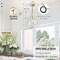 Vista 5 de Hammered Glass Pendant Light, Pendant Lights Kitchen Island, Brushed Brass Kitchen Island Light Large 10 inch Gold Glass Ceiling Pendant Lights Over