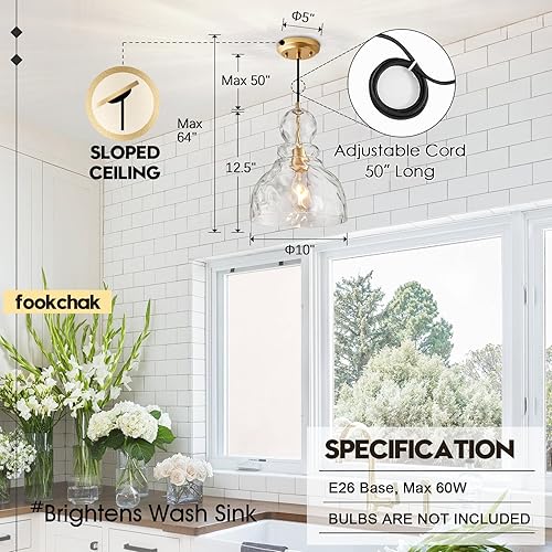 Miniatura 5 de Hammered Glass Pendant Light, Pendant Lights Kitchen Island, Brushed Brass Kitchen Island Light Large 10 inch Gold Glass Ceiling Pendant Lights Over