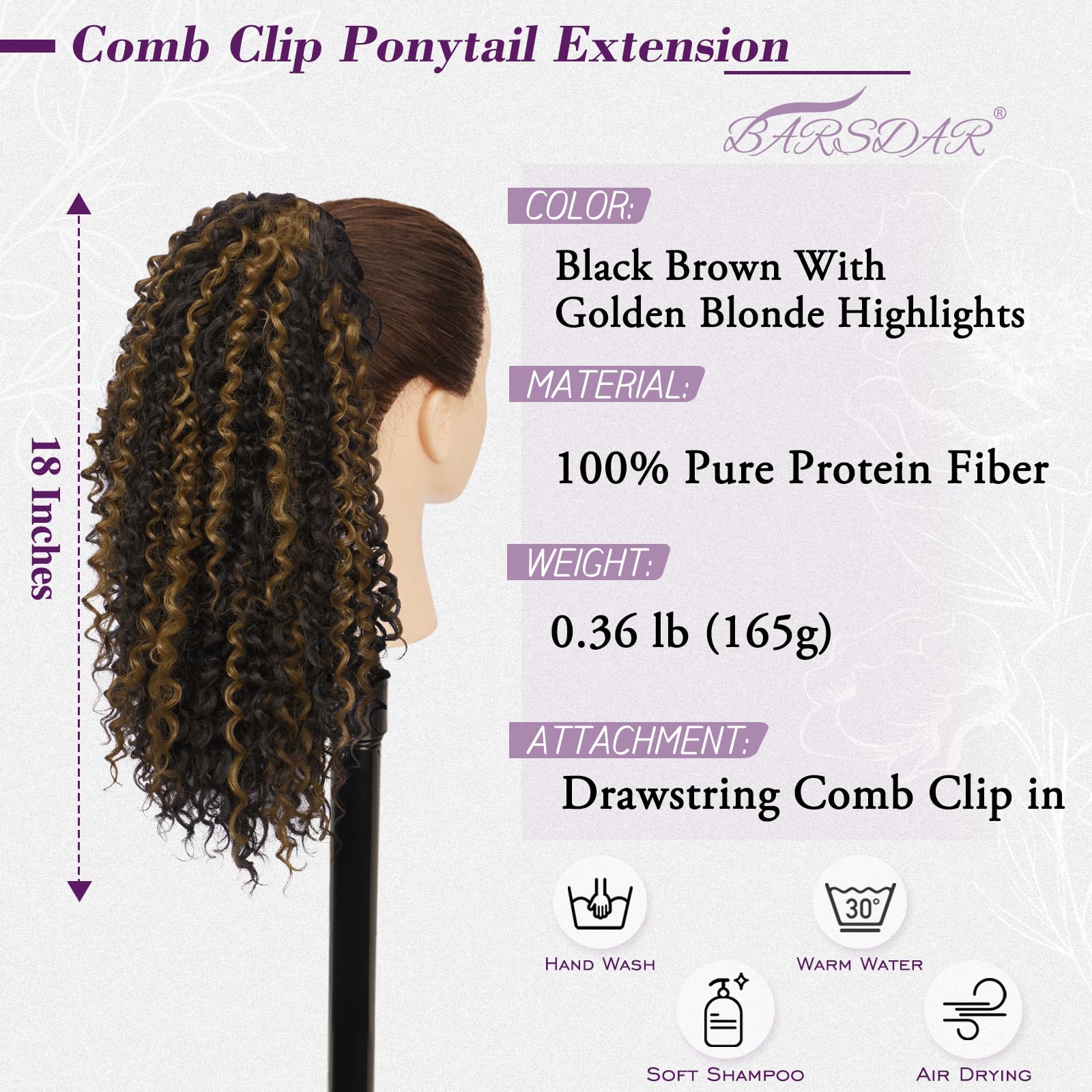 Coda Capelli Extension, Ricci Coda di Cavallo con Coulisse Pure Protein Fibra 45cm Bohemian Ricci Ondulati Pettine Clip in Ponytail Posticci, Nero Marrone con Highlights