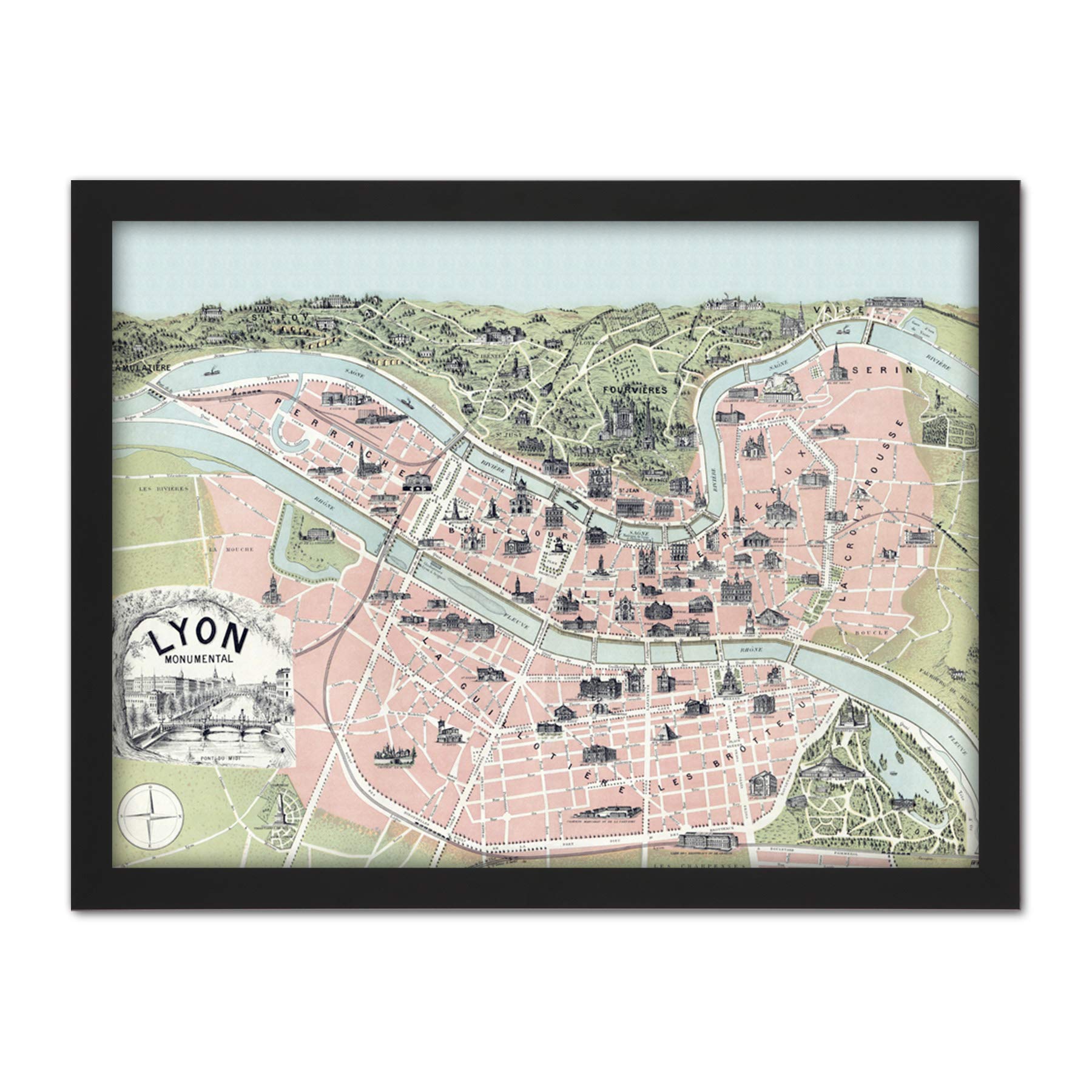Artery8 Lyon City Monument Landmark Map France 1894 Artwork Framed Wall Art Print 18X24 Inch