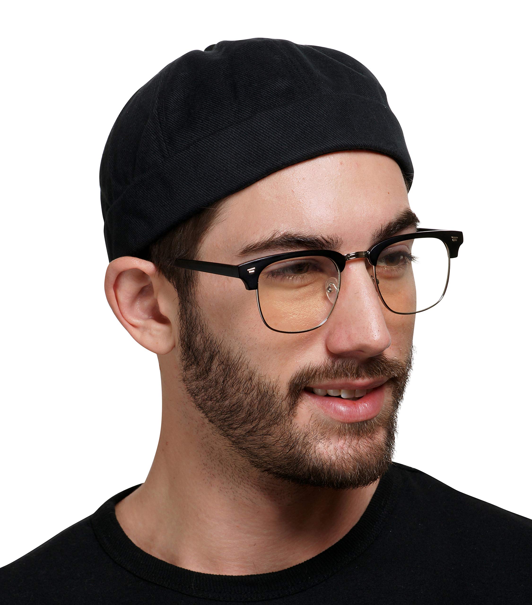 SnugZero Brimless Hats for Men & Women Fisherman Beanie Docker Hat No Brim Cotton Skull Cap, Black, One size