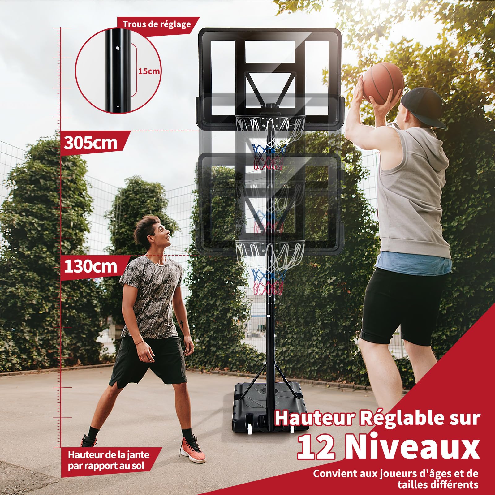 COSTWAY Panier de Basket Extérieur avec Hauteur Réglable 130-305 cm, Support de Basket sur Pied avec Panneau en HDPE et Filet, Base Remplissable & 2 Roues pour Adultes & Jeunes
