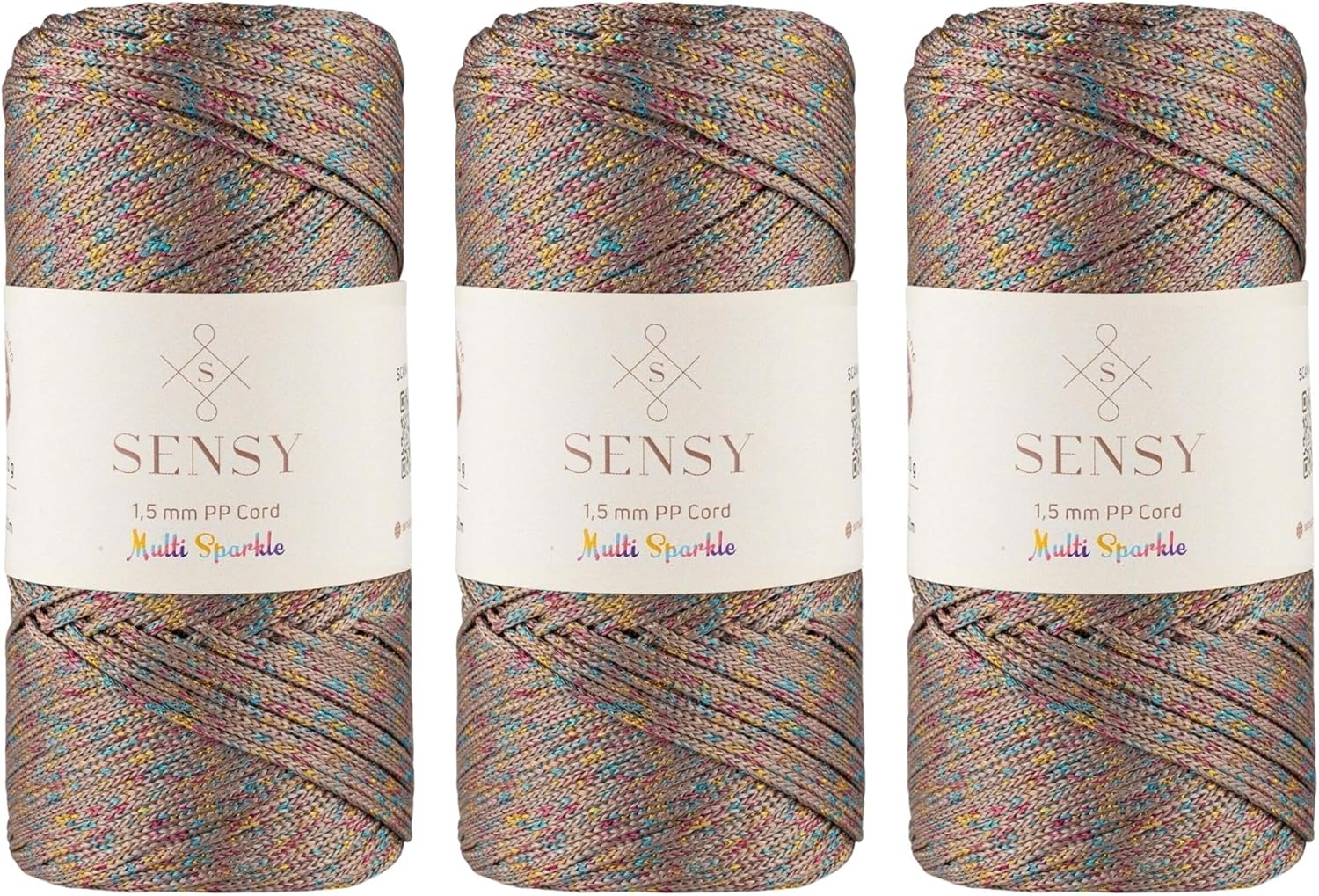 3 Skeins of Sensy 1.5mm 164 Yards Sparkle Polyester Rope 90% Polypropylene 10% Polyester Cord Macrame Cord Crochet Bag Cord Macrame Rope Crochet Thread Gift for Knitter (Mink Multi Sparkle)