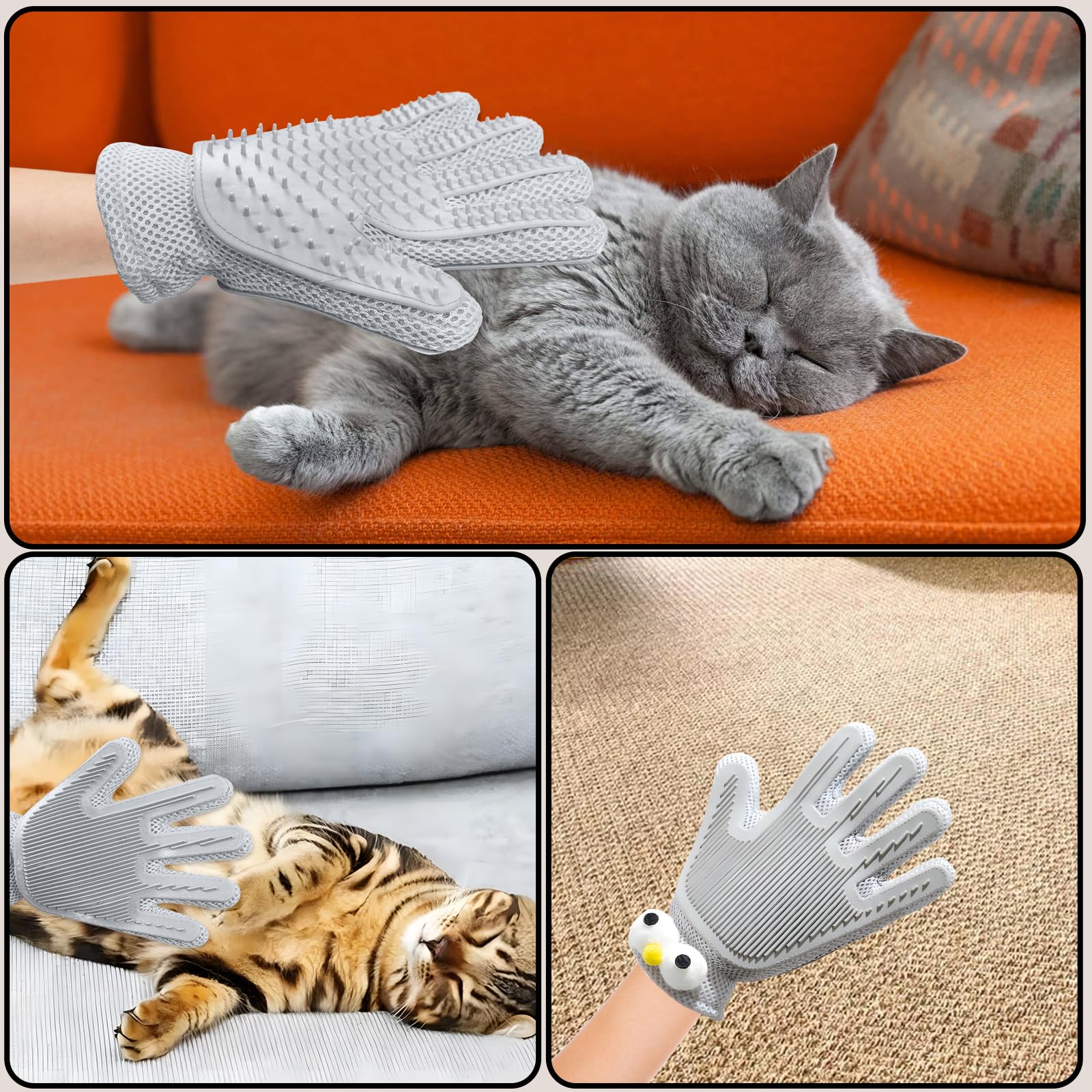 Gants de toilettage 2 en 1 pour animal domestique - Brosse pour chat et chien - Gant de massage pour épilation des poils d'animaux domestiques - Nettoyage des poils des deux côtés (gris/1 pièce)
