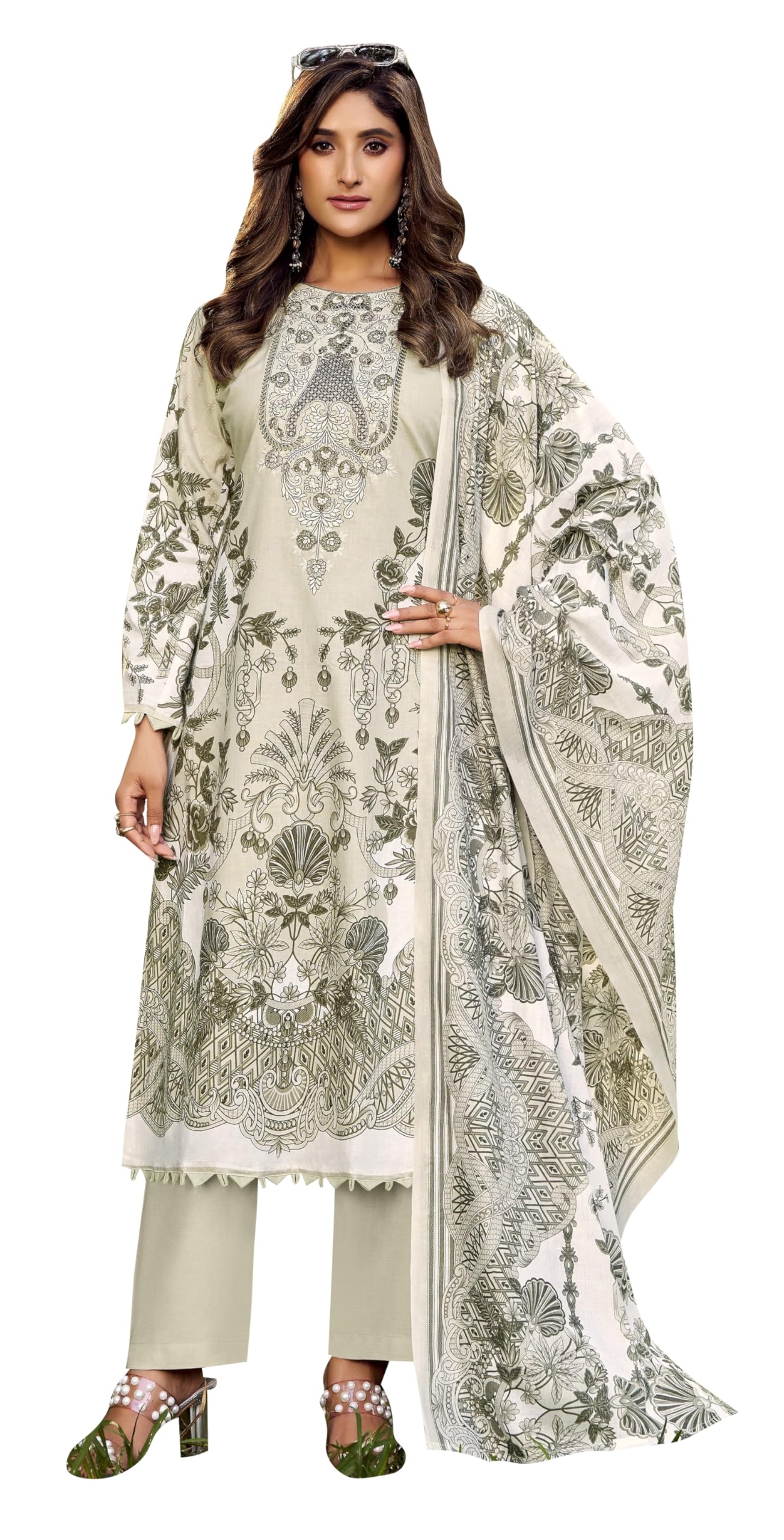 Women's Unstitched Cotton Suit Dress Material -Embroidered Digital Print Top II Plain Bottoms II Digital Print Dupatta-image-15