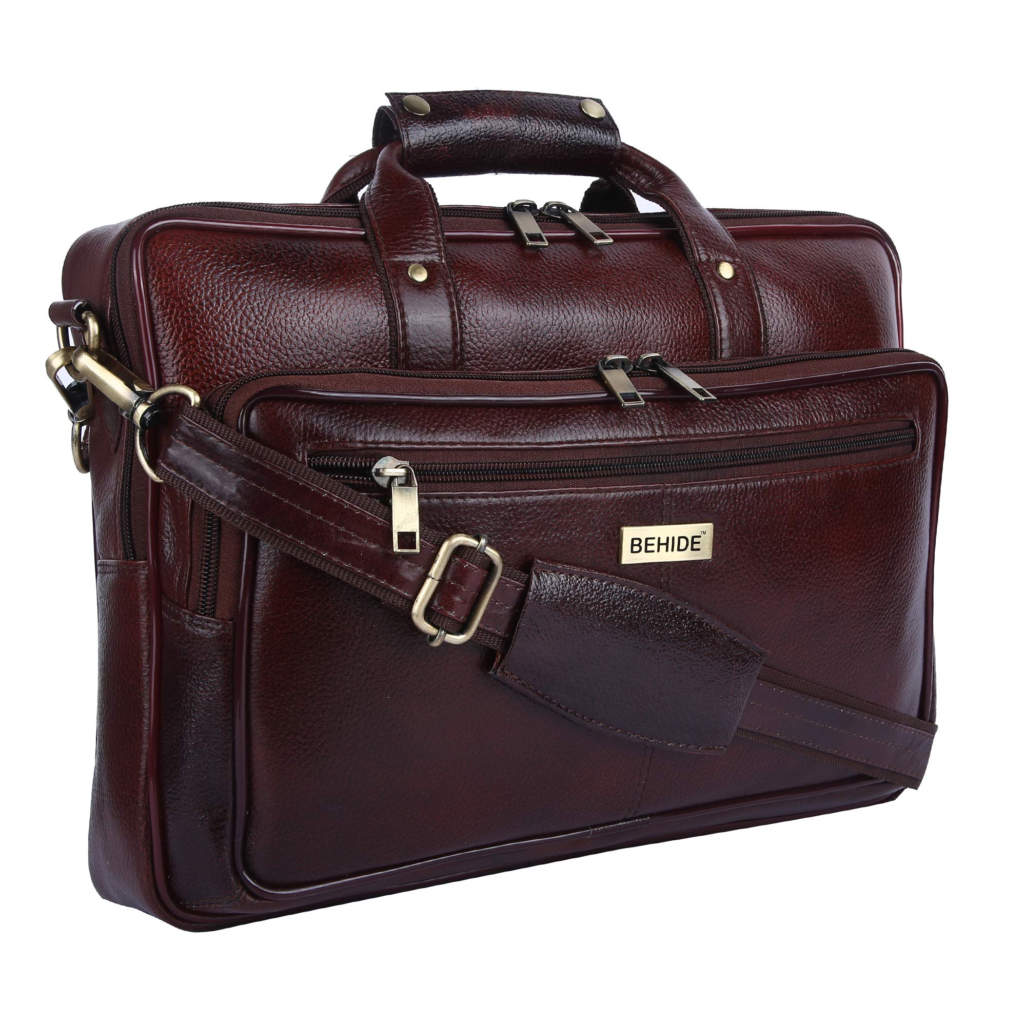 BEHIDE Genuine Leather Office Bag for Men for 15.6 Inch Laptop - Laptop Bag for Men with Adjustable Strap - Leather Bag for Men - Ideal for Work and Travel - 1 Year Warranty - Brown