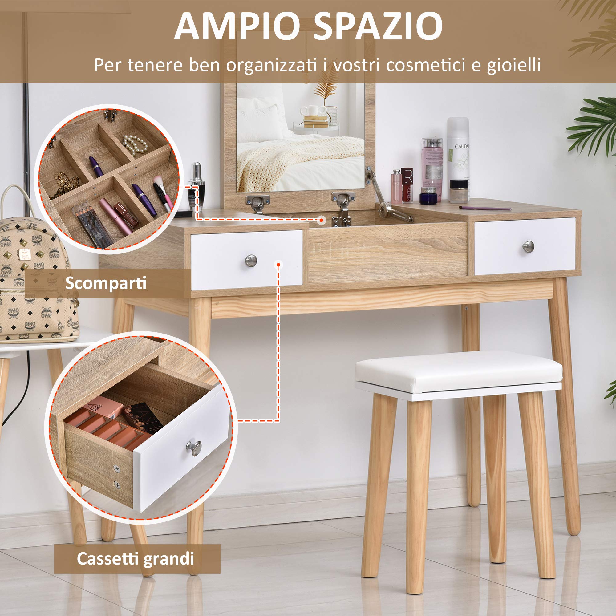 HOMCOM Postazione Trucco Moderno con Specchio Estraibile Color Legno | Toeletta Trucco, Organizer Gioielli, 2 Cassetti, Sgabello