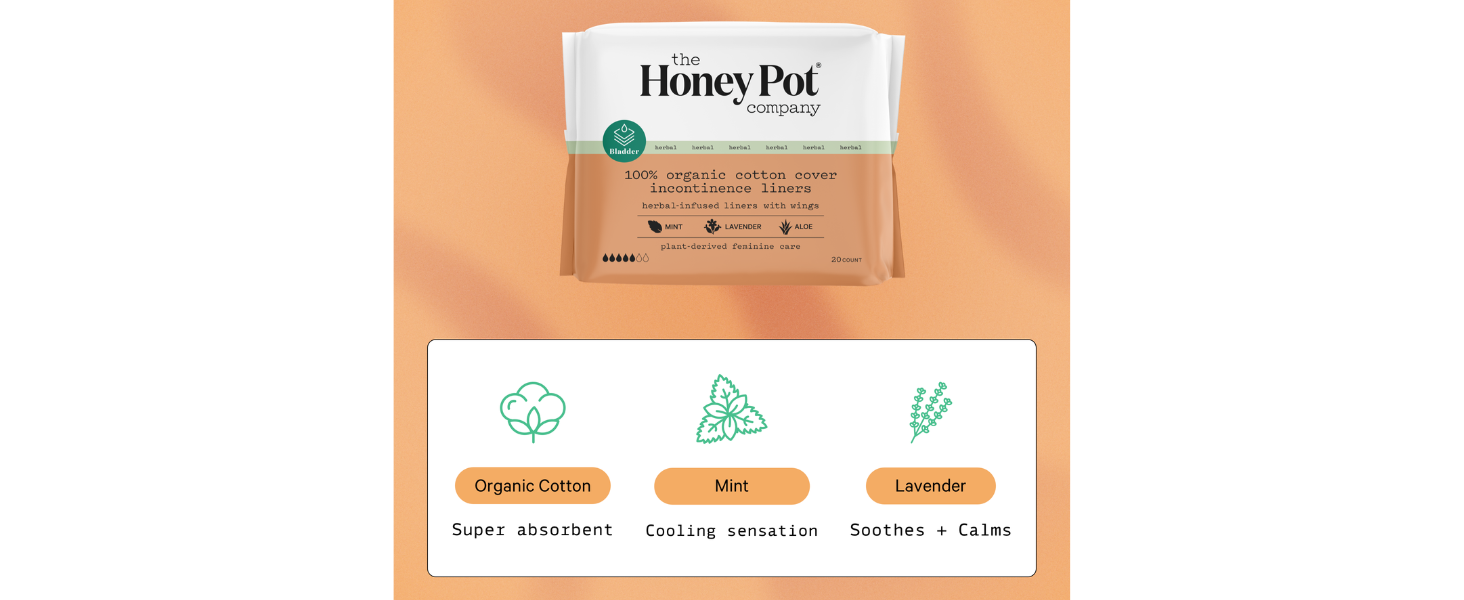 The Honey Pot Company - Herbal Panty Liners for Women - Organic Incontinence w/Wings - Infused w/Essential Oils for Cooling Effect - Postpartum Essentials - Feminine Care - 20ct