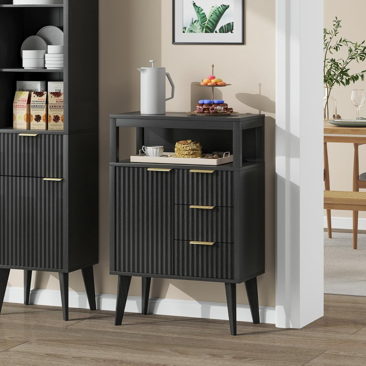 Black Bathroom Floor Cabinet with 3 Fluted Drawers & Door, Modern Storage Sideboard with Open Shelf, Coffee Bar Station for Living Room, Entryway, 23.6 x 11.8 x 34.6 Inches