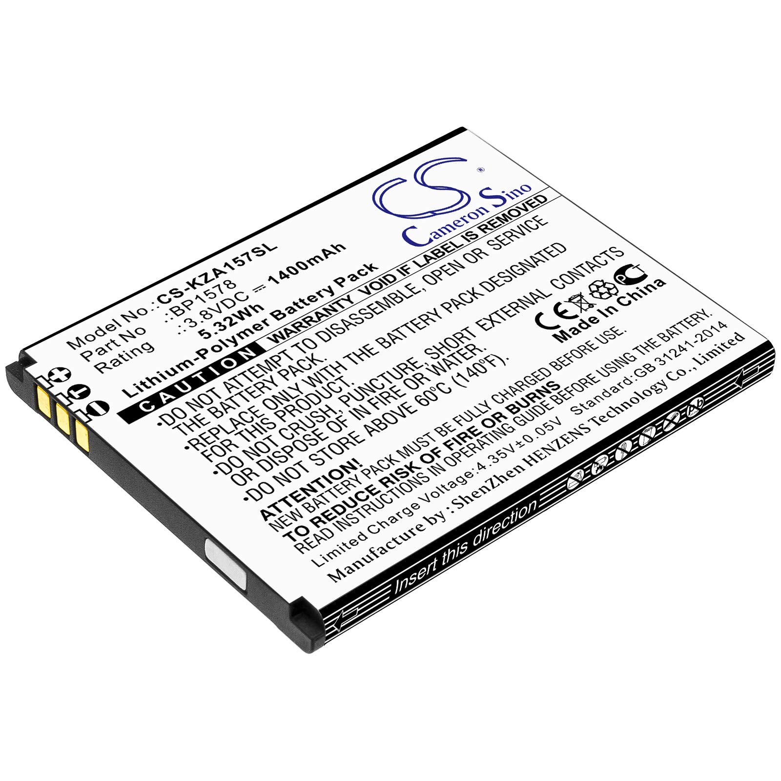 Cameron Sino New 1400mAh Replacement Battery for 440G, eTalk, eTalk 4G, KAZ-F019, KAZF019PP, KAZ-F019PP, KAZ-F119