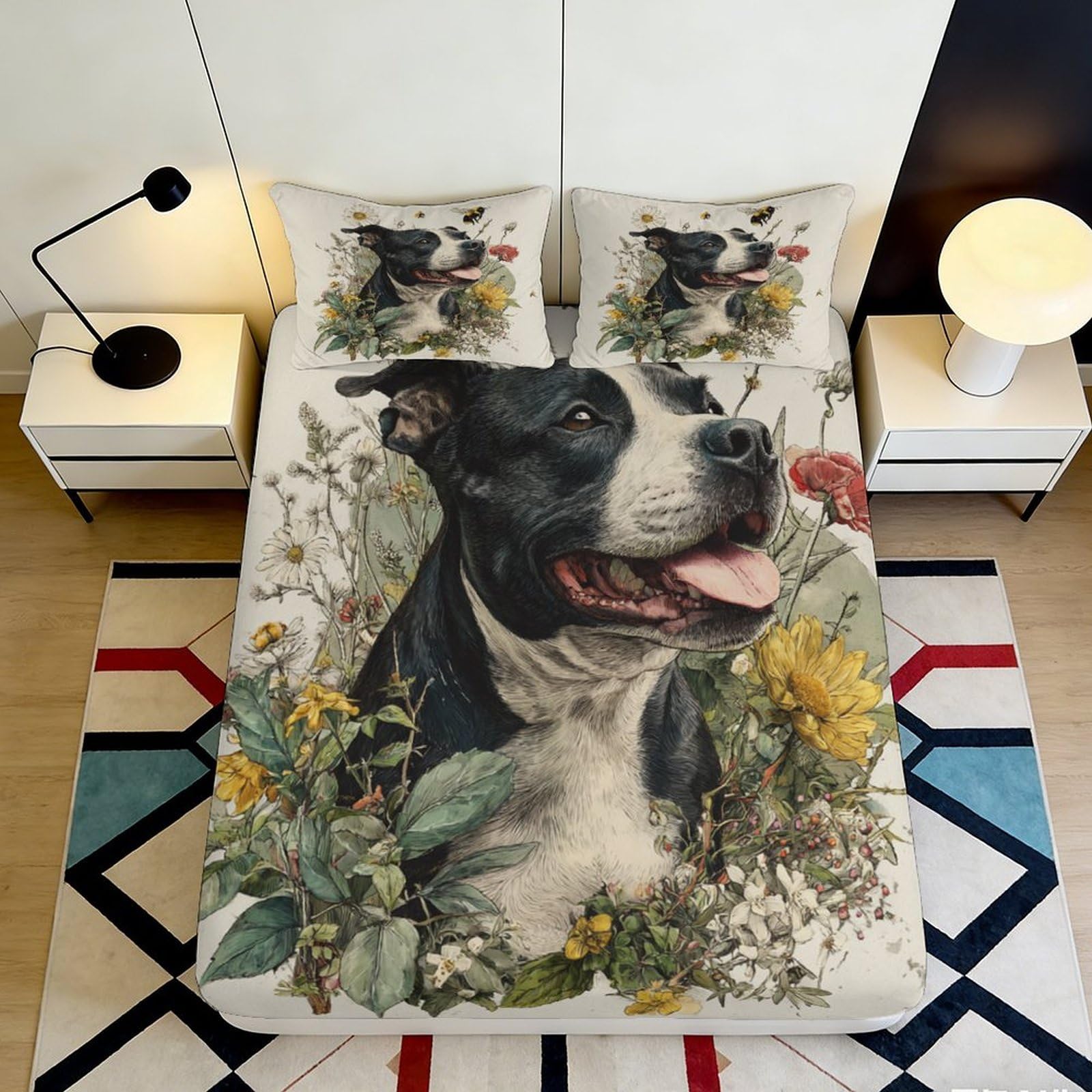 Tjiqhvmrn Style-9 3D Printed Dog Floral Fitted Sheet Microfiber Bedroom Bedding Deep Pocket Non-Slip Elastic Hem Dog Mattress Fitted Cover Wrap For Adults Teens 90X200x25cm
