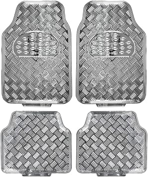 Full Metal Design Car Floor Mats Heavy Duty Metallic 4pc Front Rear Set Silver Rubber MT-641 FMDCFMHDM4PFRSS