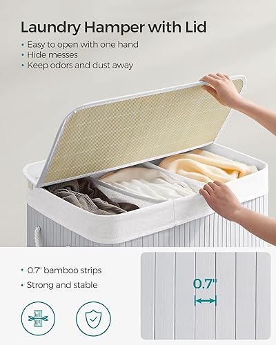 Miniatura 3 de SONGMICS Cesta para la ropa sucia, 39.6 galones (150L), cesta de lavandería de 3 secciones, cesta de lavandería con tapa, bambú, plegable, extraíble