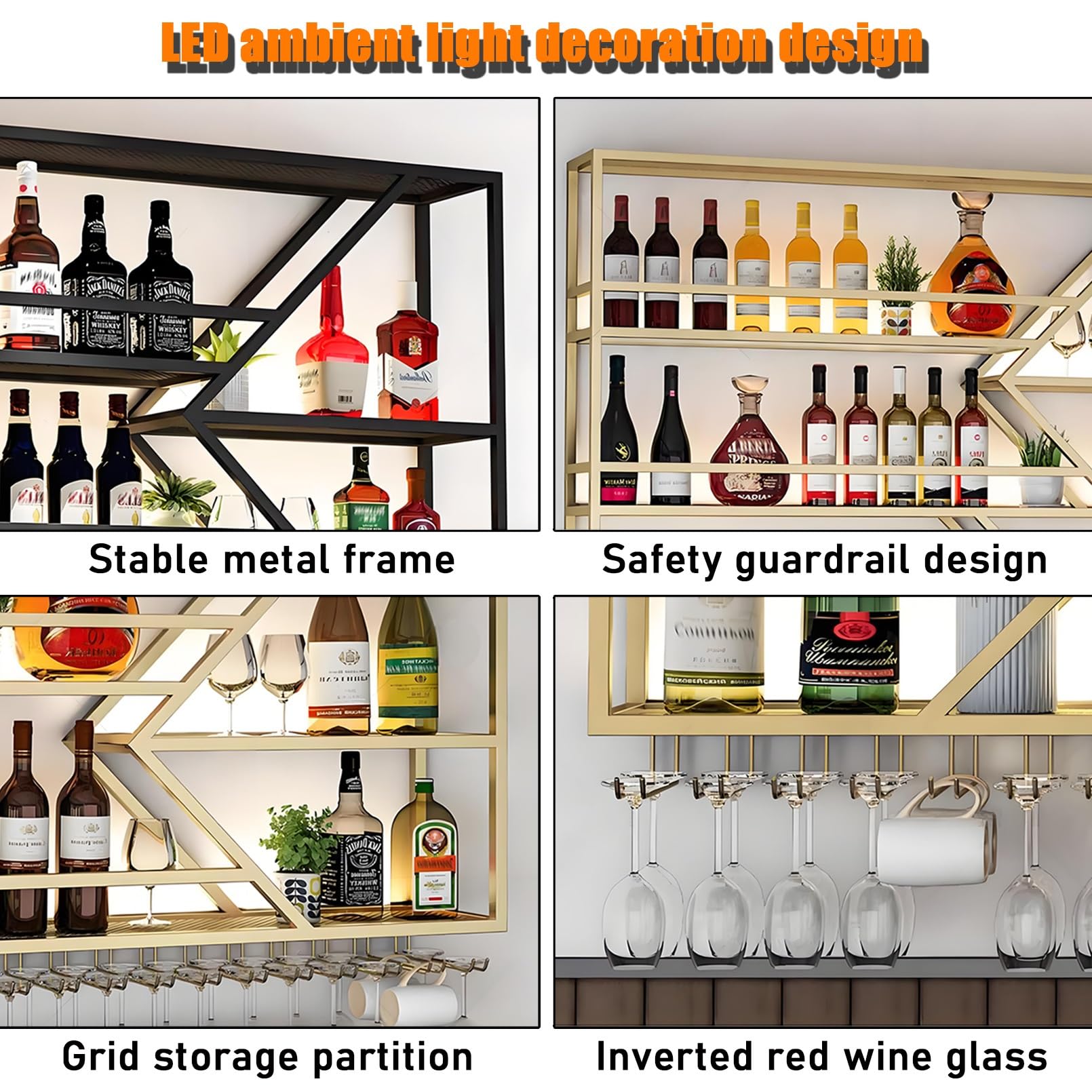 Étagère flottante en métal avec éclairage LED pour affichage mural de bouteilles de vin et d'alcool - Solution de rangement multifonction peu encombrante