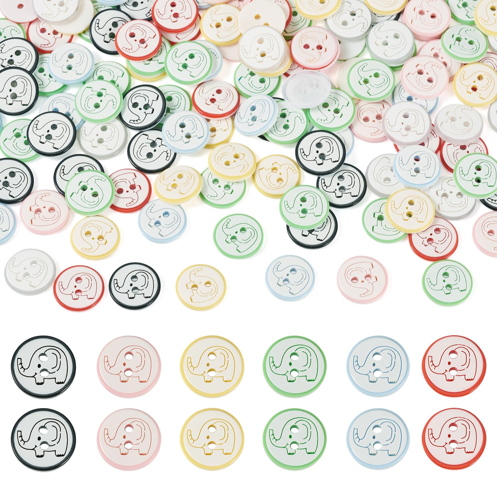 200Pcs Colorful Resin Buttons Cute Elephant Buttons 2 Holes Round Sewing Button Animal Printed Plastic Crafting Button for Sewing Clothes Shirt Hat Art Craft Painting Decor