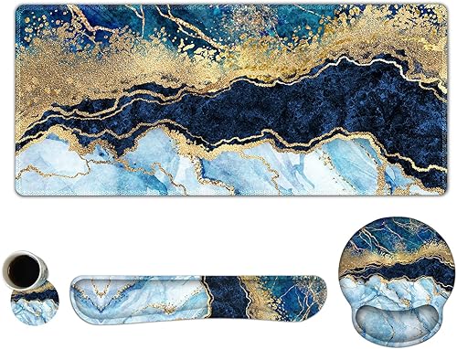 Miniatura 14 de ARTSO Juego de alfombrillas de mouse grandes, soporte ergonómico para la muñeca del teclado, almohadilla de escritorio de gel de espuma Mármol