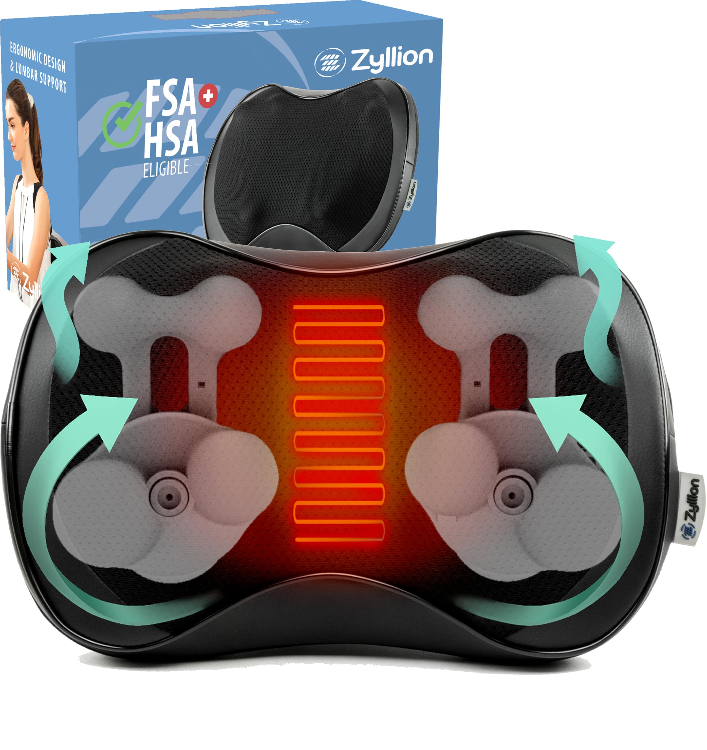 ZyllionShiatsu Back and Neck Massager with Heat - 3D Electric Kneading Deep Tissue Massage Pillow with 8 Massaging Nodes for Muscle Pain Relief, Black, ZMA-25