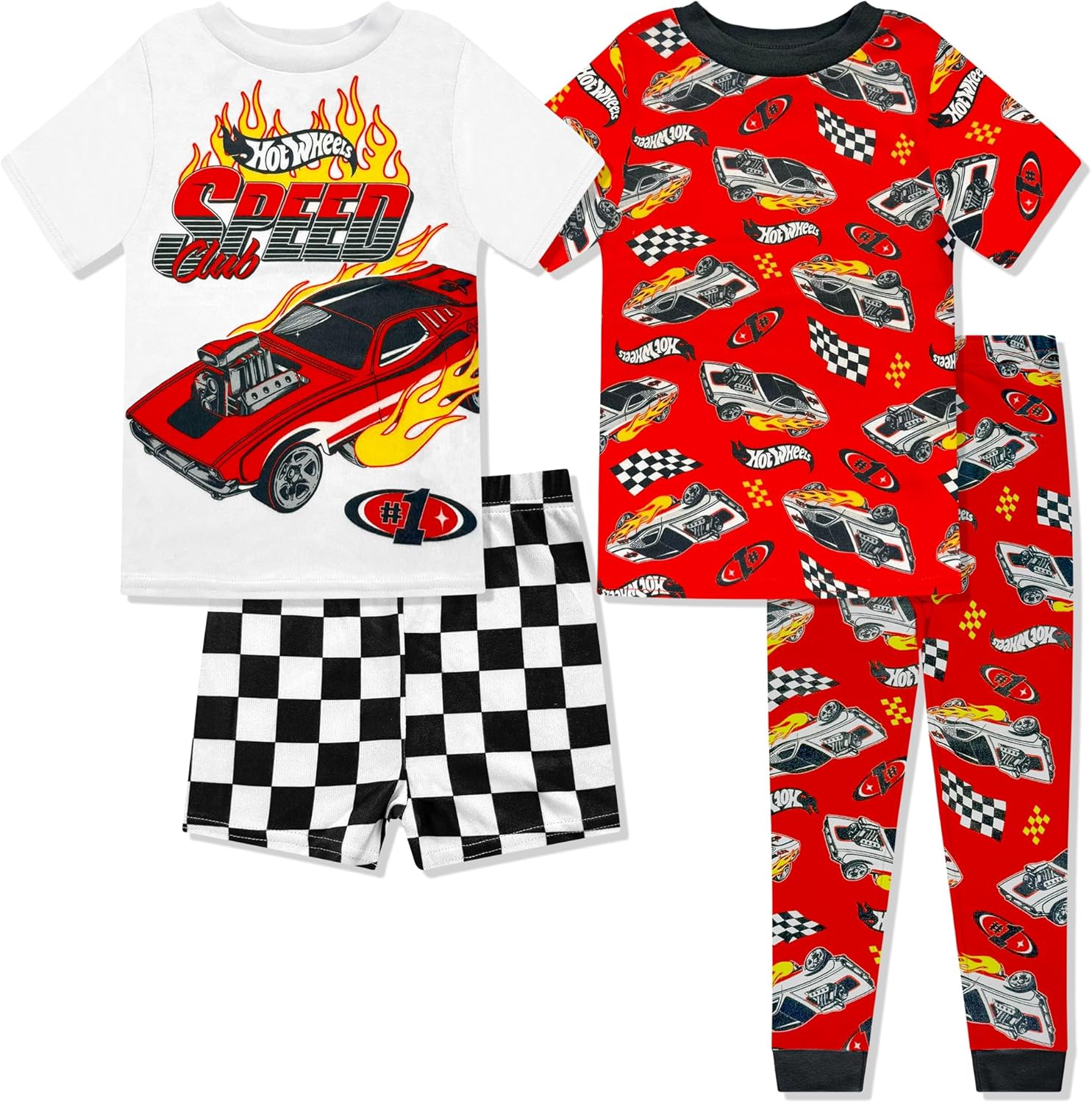 Hot Wheels 4 Piece Pajama Set - Toddler Boys Snug Fit PJ Set, Short Sleeve Shorts & Pants - Kids Sleepwear - Official License