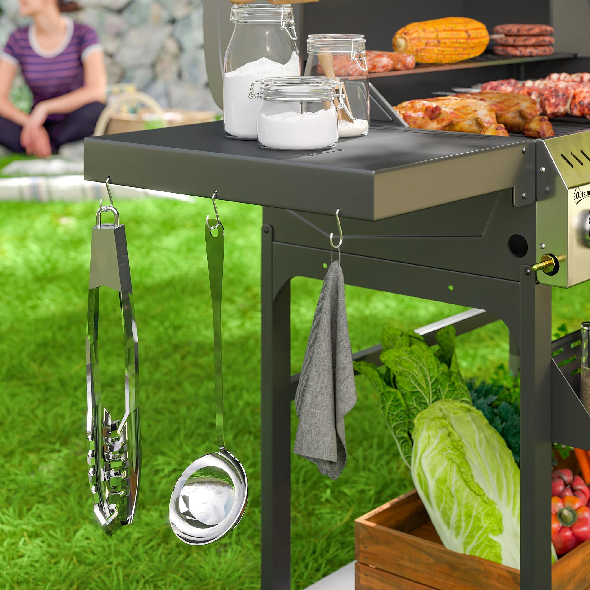 Outsunny Gasgrill 12 KW 4+1 Brenner BBQ Grillwagen aus Edelstahl mit Seitenbrenner, Thermometer, Grillrost, Kochfeld, Flaschenöffner und Seitenablagen Gasgrill für Camping Balkon 135 x 55 x 103cm