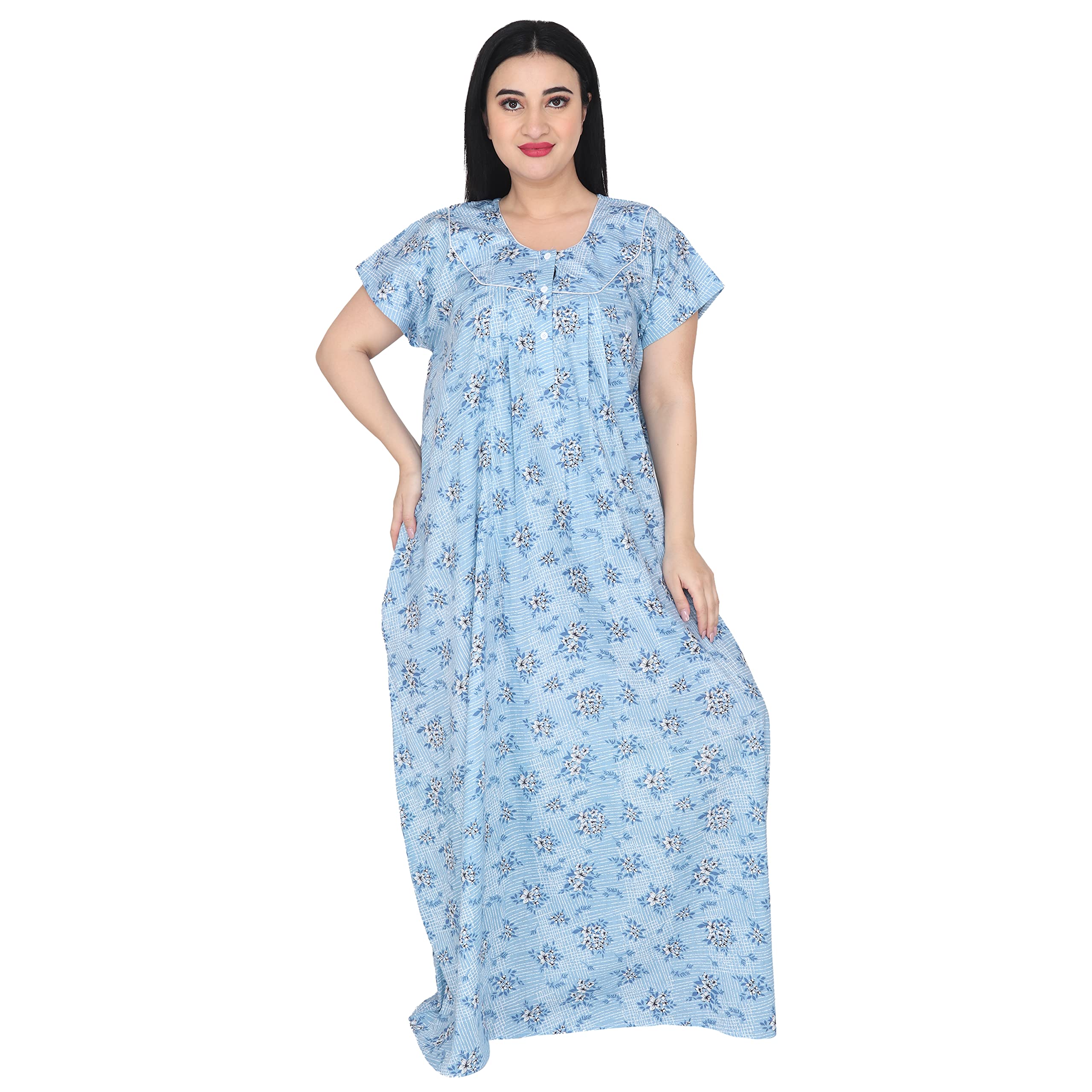 OSF Women's Nighty Printed Cotton Floral Maxi Round Neck Full Length Nightwear Night Gown (Pack of 1, NW0376)