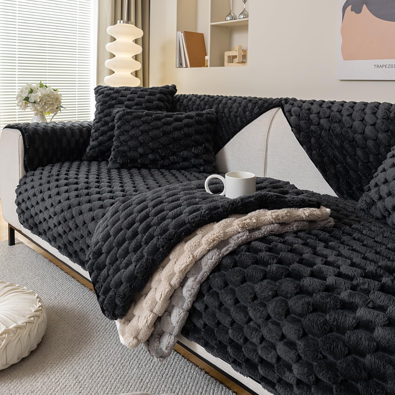 tianxinbaobei Funny Fuzzy Couch Covers for Sofa Plush Warm Sectional Sofa Covers Washable for 3-4 Cushion Couch,Non-slip Slipcover Sofa Covers for Pet Dog Furniture Protector(1PC,Black,35"x83") - Image 3