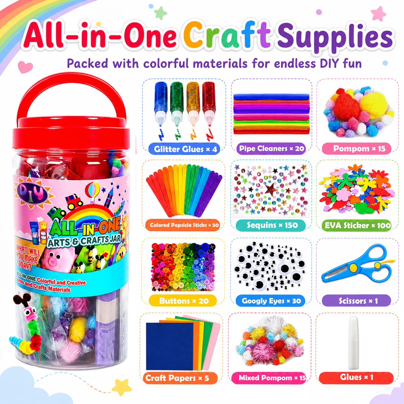 BENEWY FunzBo Bastelzubehör für Kinder – Bastelset für Kleinkinder im Alter von 4/5 / 6/7 / 8/9 – All-in-One Bastelset für Kinder, Groß