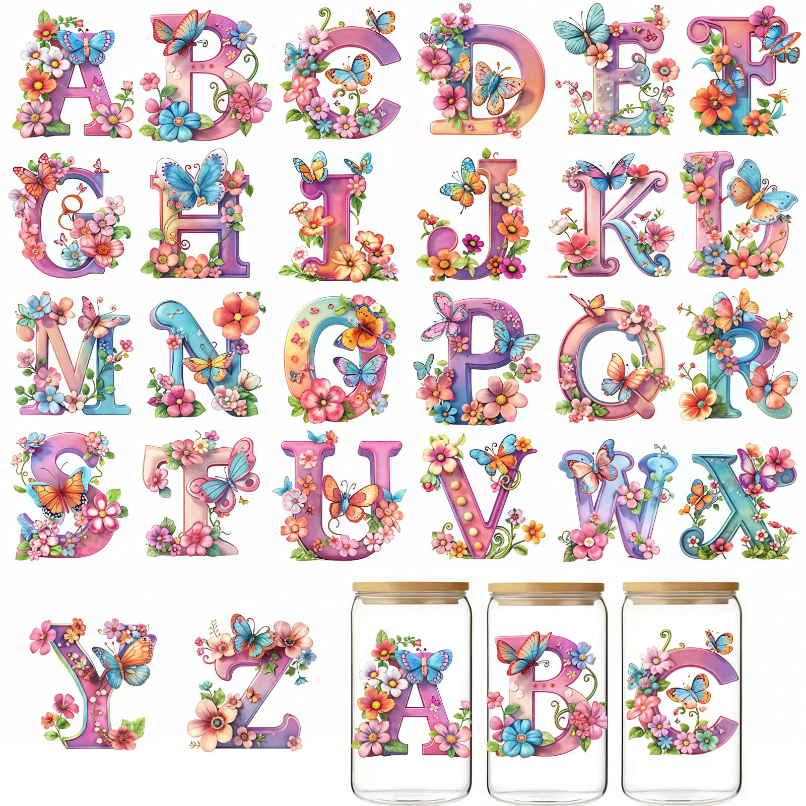 26 Butterfly Alphabet Number UV DTF Cup Wraps Transfer Waterproof Sticker for Glass Cups Furniture Craft DIY Crafts，Rub on Transfer Stickers for DIY