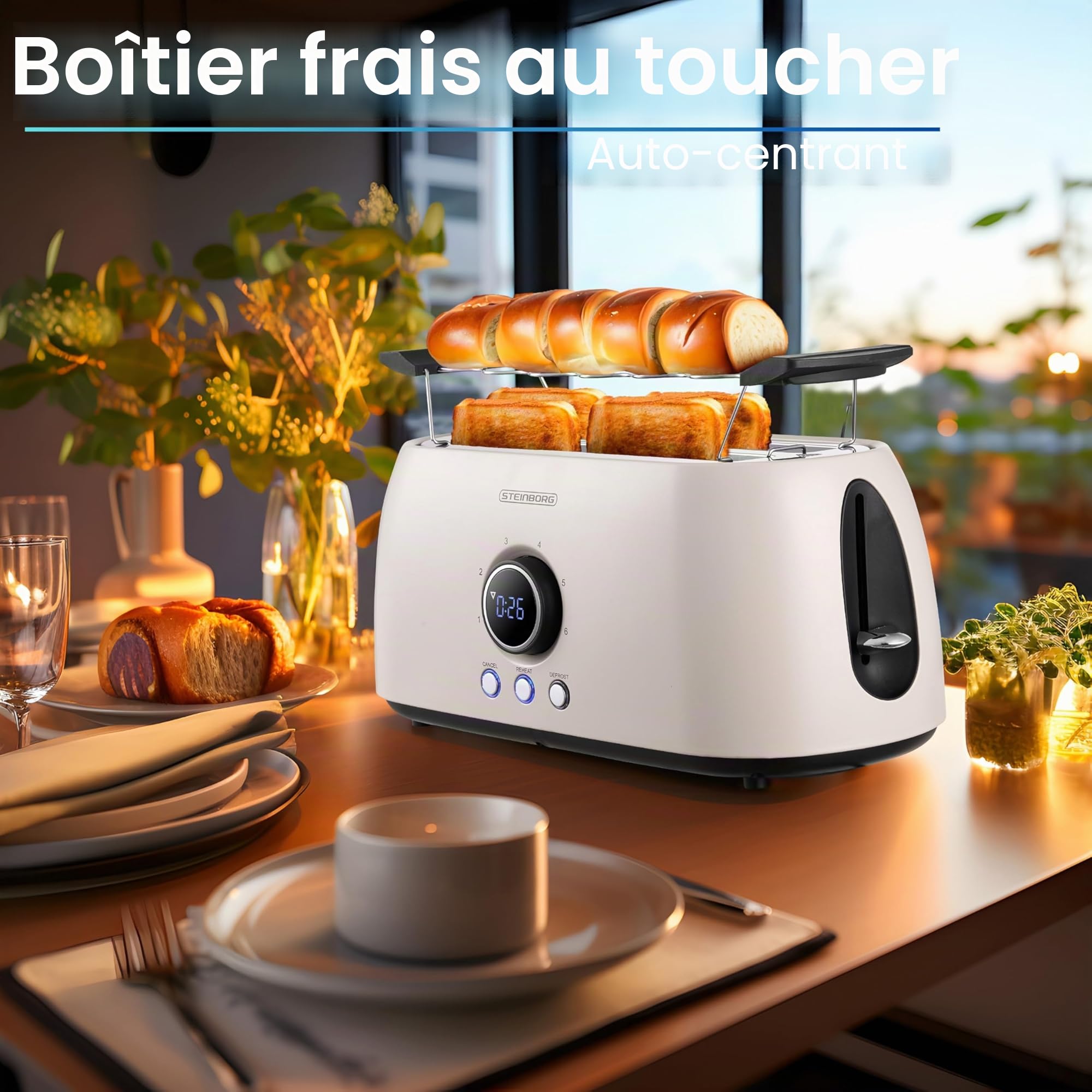 Steinborg Grille-pain pour 4 tranches avec grille à viennoiseries - Arrêt automatique - Double fente - Écran LED avec affichage du temps restant - Beige