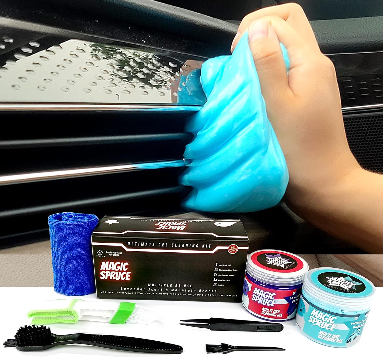 FINOCLAY Cleaning Gel for Car Detailing, 2 Pack Scented Interior Universal Cleaner Kit for Laptop Keyboard, Dust Cleaning Car Putty, Interior Vent Cleaner with 4 Detailer Brushes Tools and 1 Cloth : Automotive
