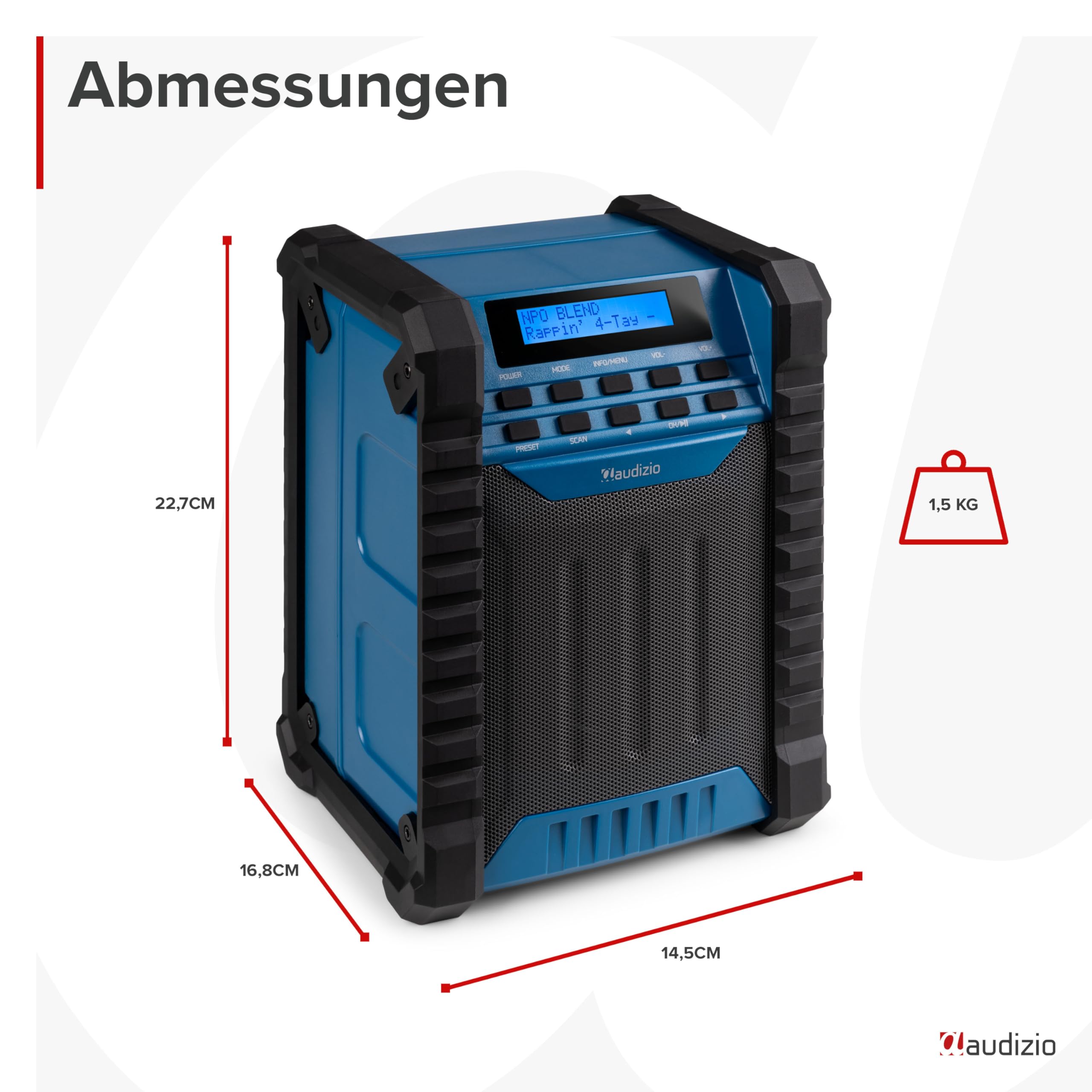 Audizio Jobsite - Baustellenradio DAB Plus Radio mit Bluetooth 5.0, Akku 8h, 100 Watt Leistung, IP54 Wasserdicht, FM, Tragegriff, DAB+, Werkstattradio mit AUX & USB, Outdoor Radio