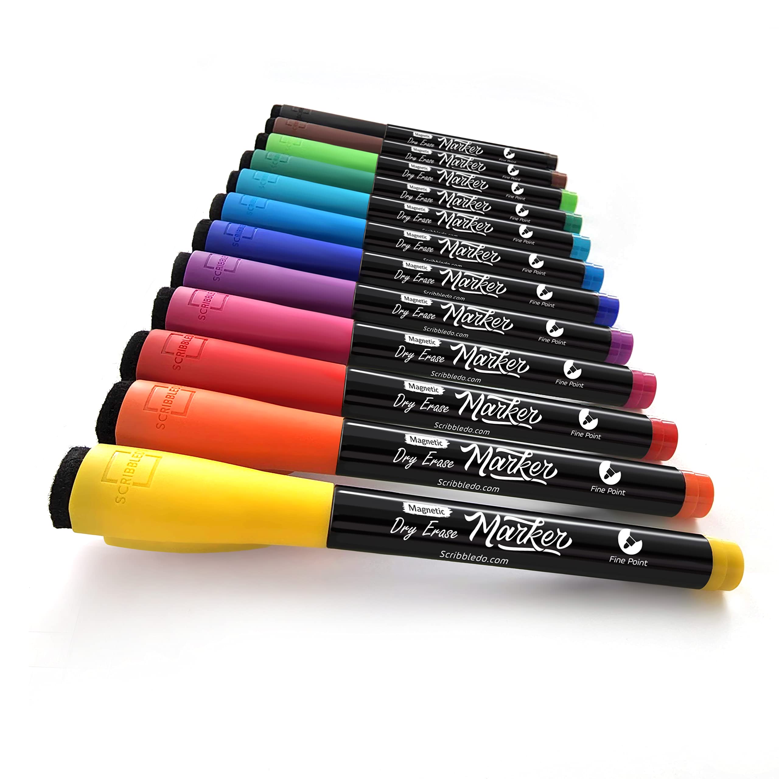 Scribbledo Magnetische, trocken abwischbare Marker, feine Spitze, verschiedene Farben, geruchsarm, mit Radierkappe, dünne Whiteboard-Marker für Erwachsene, Studenten, Lehrer, Kinder (12 Stück)