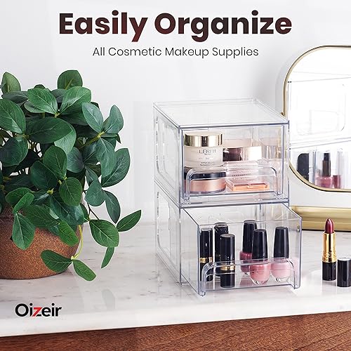 Miniatura 6 de Cajones de almacenamiento apilables transparentes, paquete de 4 cubos organizadores de maquillaje acrílico para tocador, baño, encimera, gabinete o