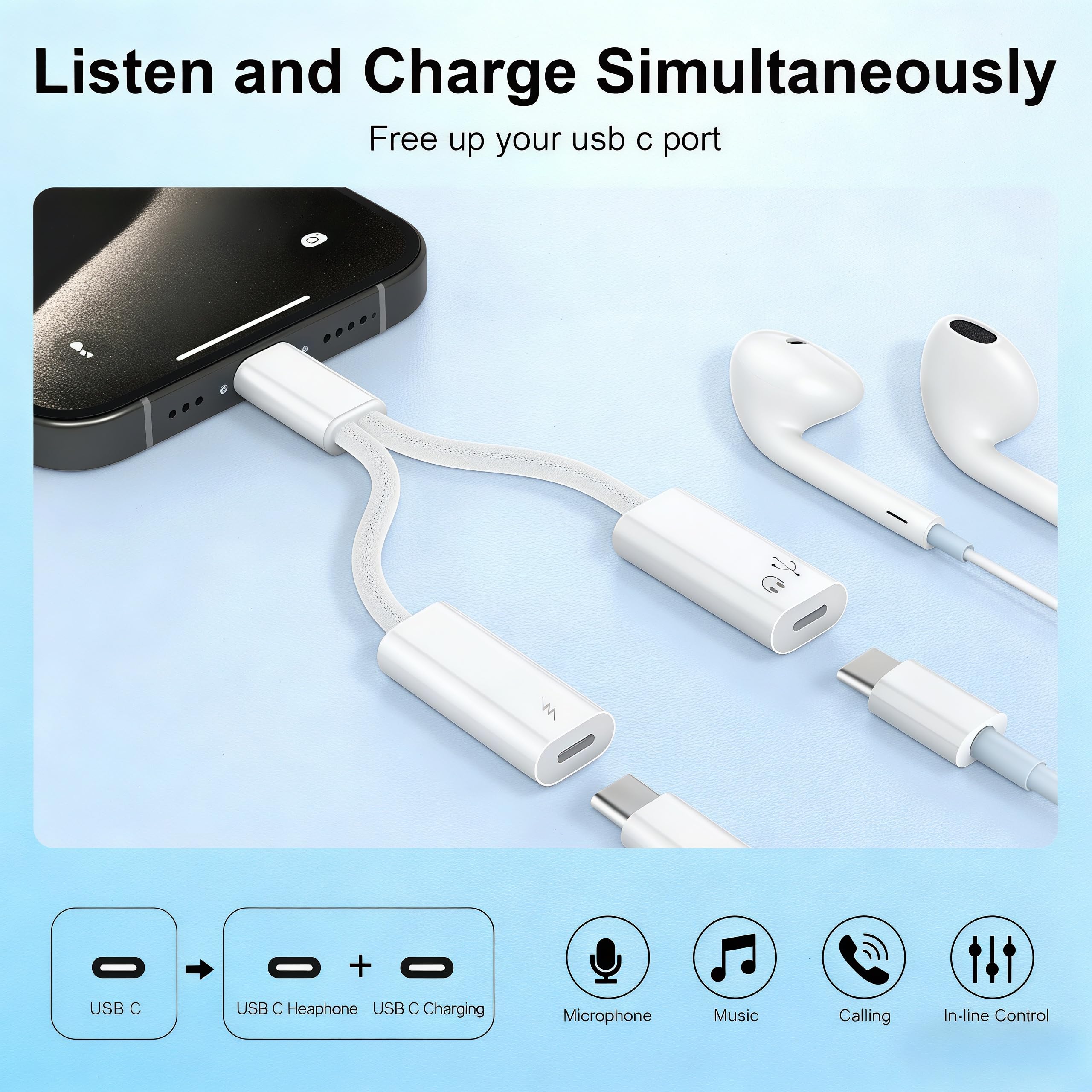 Rozdzielacz USB C, 1 w 2 wyjścia, podwójna ładowarka USB i adapter słuchawkowy, rozdzielacz USBC PD 60 W, szybkie ładowanie, adapter audio typu C, kabel USB-C do Apple iPhone 15 16 17 / iPad Pro