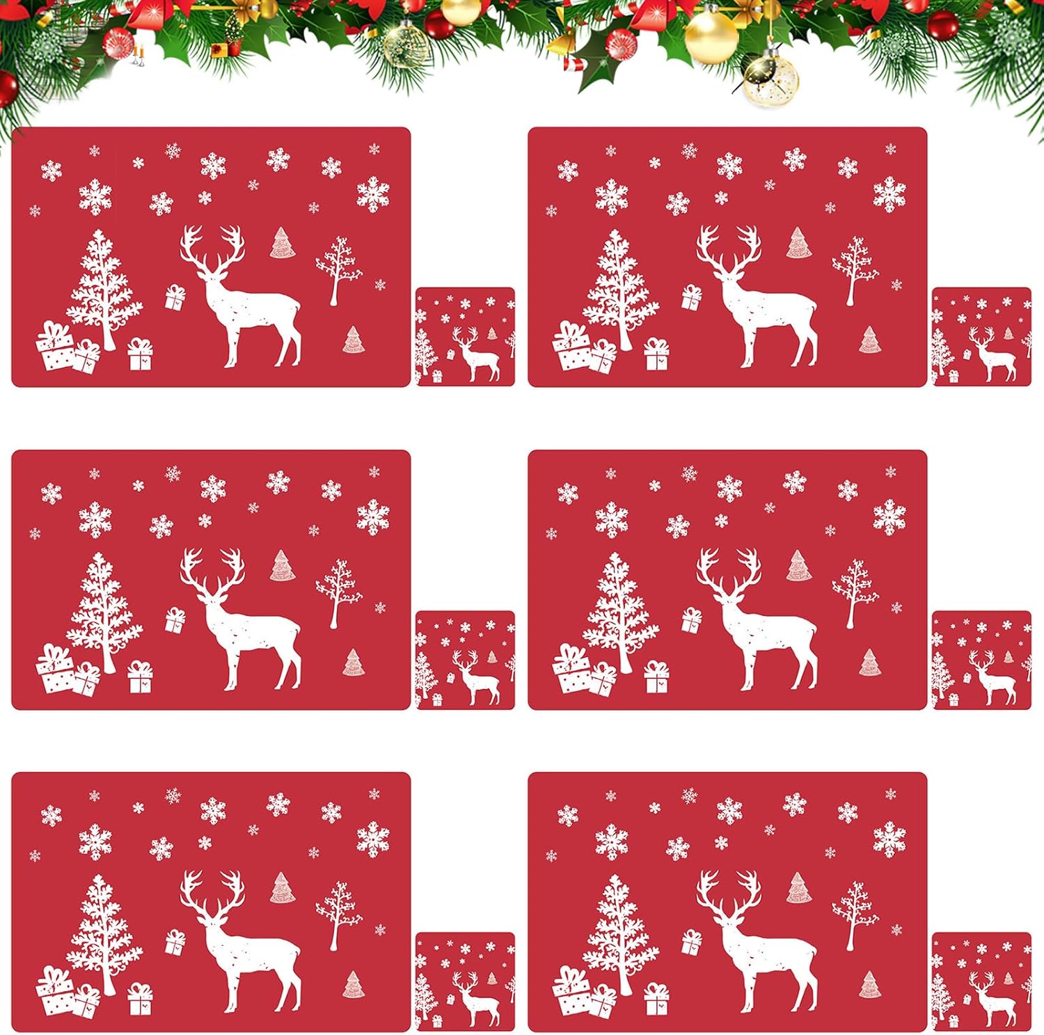 6 Set Christmas Placemats and Coasters,12Pcs Christmas Table Mats Non