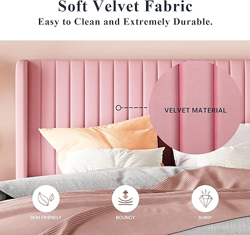 Miniatura 5 de Allewie Marco de cama de terciopelo tamaño Queen, cabecera capitonada con canal vertical, plataforma tapizada, listones de madera fuertes, no