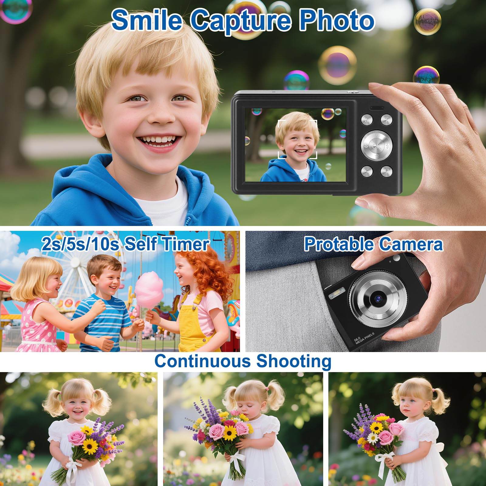 Cámara Digital 56MP 1080P FHD con Autofoco, Zoom Digital 16X, Pantalla LCD 2.8", Tarjeta SD 32GB y 2 Baterías - Cámara Compacta Portátil para Niños, y Principiantes (Negro-1.)