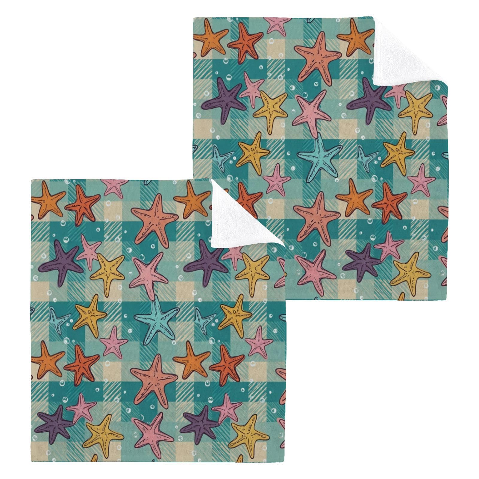 BOESI Colorful Starfish Plaid 12x12in Cotton Washcloth,Face Towel