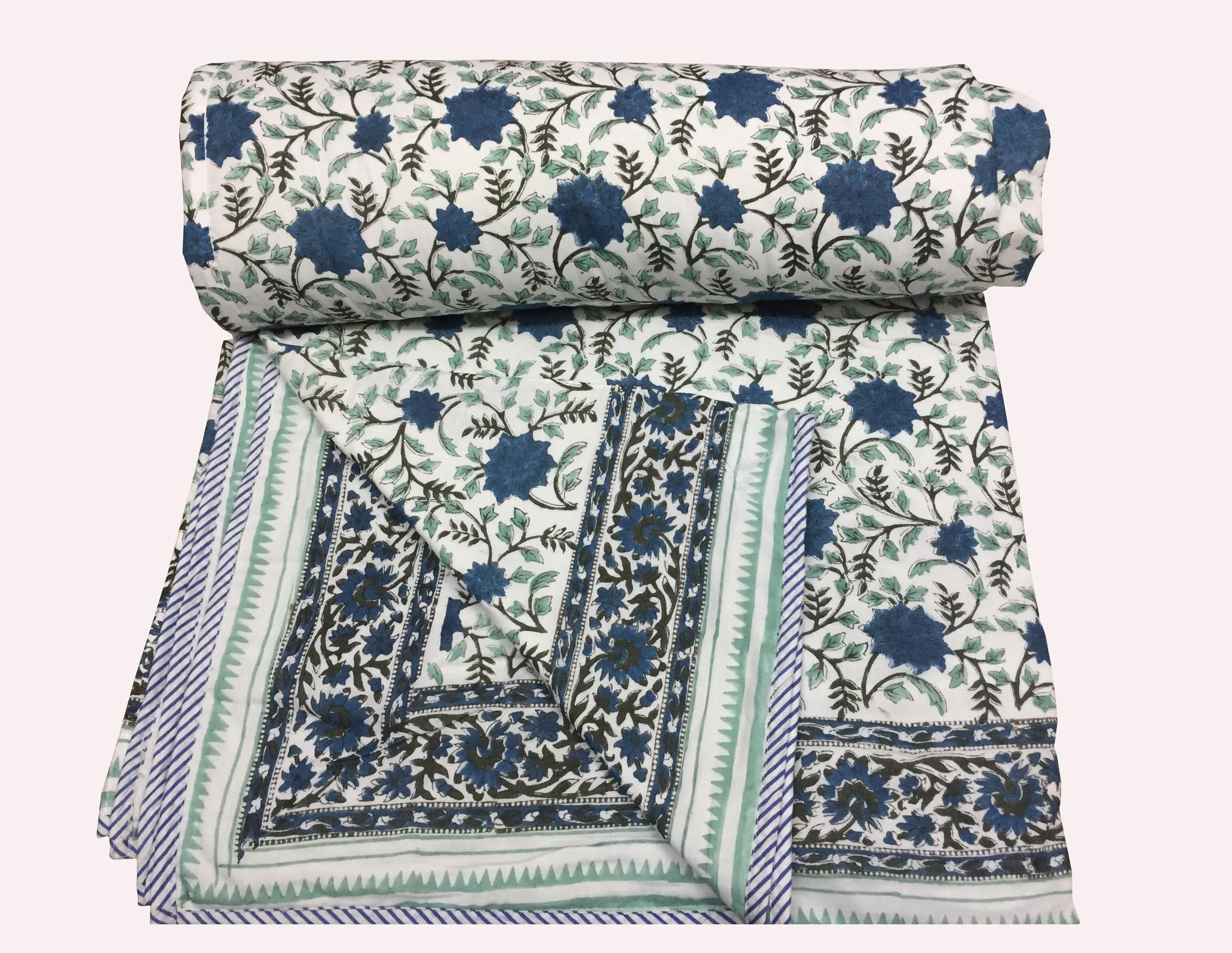 Exportindia Indian Handicraft Jaipur Hand Block Printed Reversiable Dohar Soft Cotton AC Quilt Throw Home Decor AC Comforter (King/Queen Size 90x108 Inch)