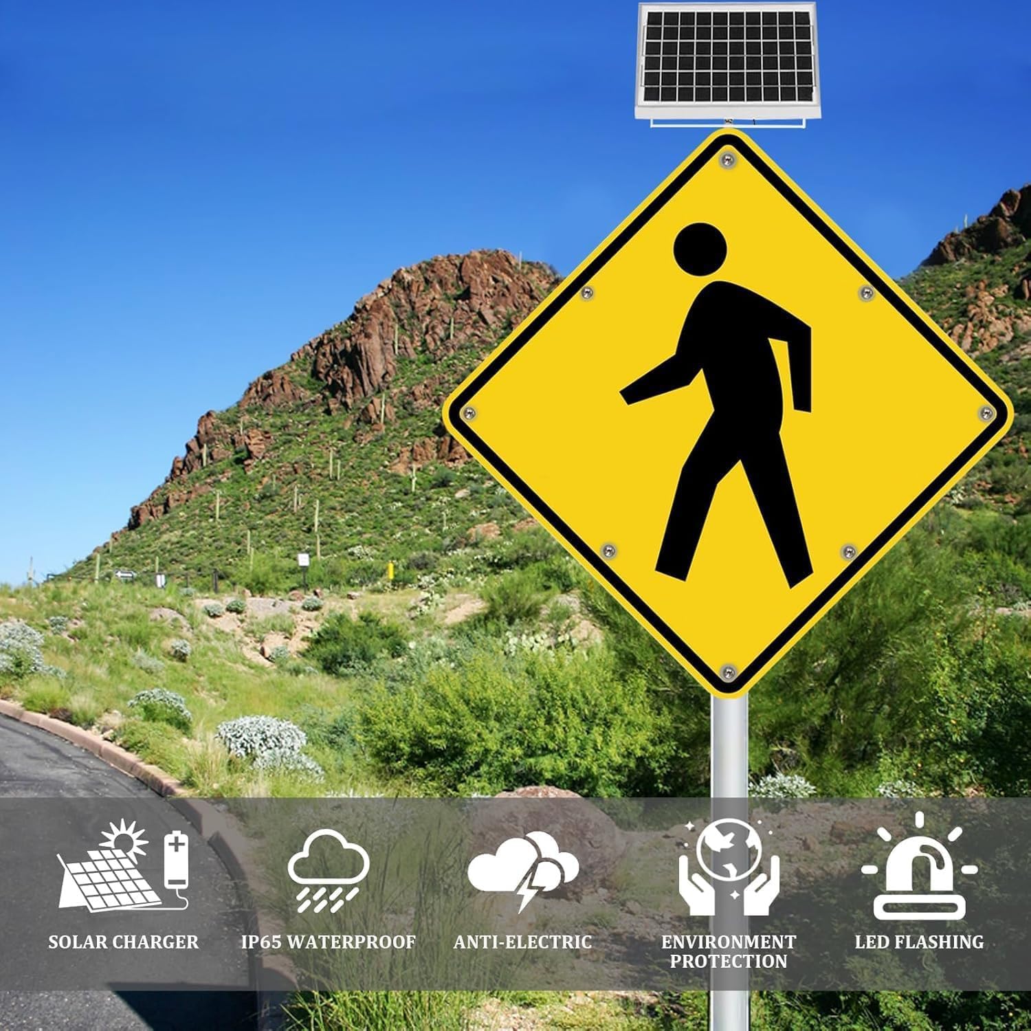 Señal de Cruce de peatones con luz LED Intermitente alimentada por energía Solar, señal de tráfico de 24 Pulgadas con luz LED Intermitente, Marco de Metal Resistente a Prueba de óxido